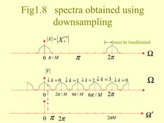 Fig1.8 spectra obtained using
       downsampling
                   (m)
         X =   X   0                       ←→ must   be bandlimited


     0 π /M                π                2π                   Ω

         Y
         ↓ k = 0 ↓ k =1 ↓ k = 2 ↓ k = 3 ↓ k = 0                  Ω
     0        2π / M     4π / M   6π / M    2π


     0       π 2π                          2πM                  Ω′
                                                                38
 