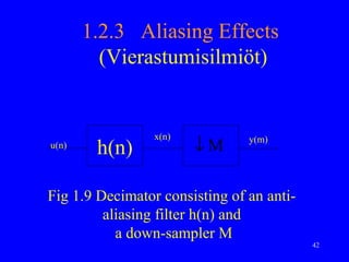 1.2.3 Aliasing Effects
         (Vierastumisilmiöt)


                 x(n)
u(n)
        h(n)            ↓M      y(m)




Fig 1.9 Decimator consisting of an anti-
         aliasing filter h(n) and
           a down-sampler M
                                           42
 