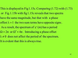 This is displayed in Fig 1.15c. Comparing (1.72) with (1.73)
or Fig.1.15b with fig 1.15c reveals that two spectra
have the same magnitude, but that with a phase
offest λ = 1 the two sum terms have opposite signs .
As a result, the spectrum of ~ (m) has a period
                             x
                             (p)
                             1



Ω = 2π or Ω′ = 4π . Introducing a phase offset
λ ≠ 0 does not affect the period of the spectrum.
It is evdent that this is always true.



                                                         62
 