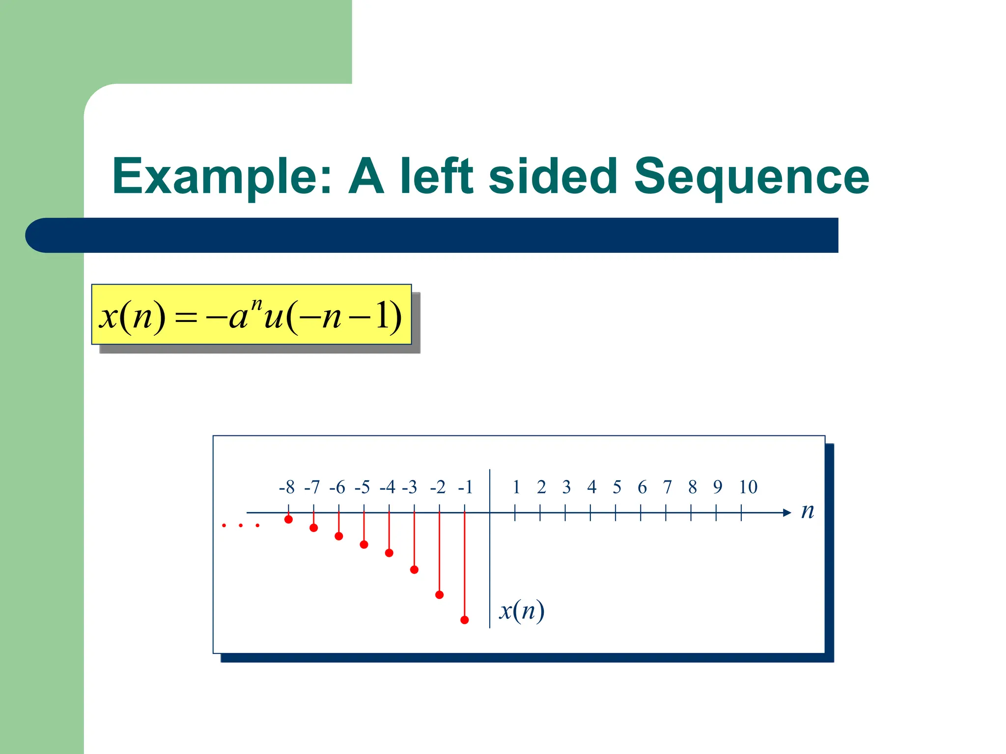 Example: A left sided Sequence
)
1
(
)
( 


 n
u
a
n
x n
1 2 3 4 5 6 7 8 9 10
-1
-2
-3
-4
-5
-6
-7
-8
n
x(n)
.
.
.
 
