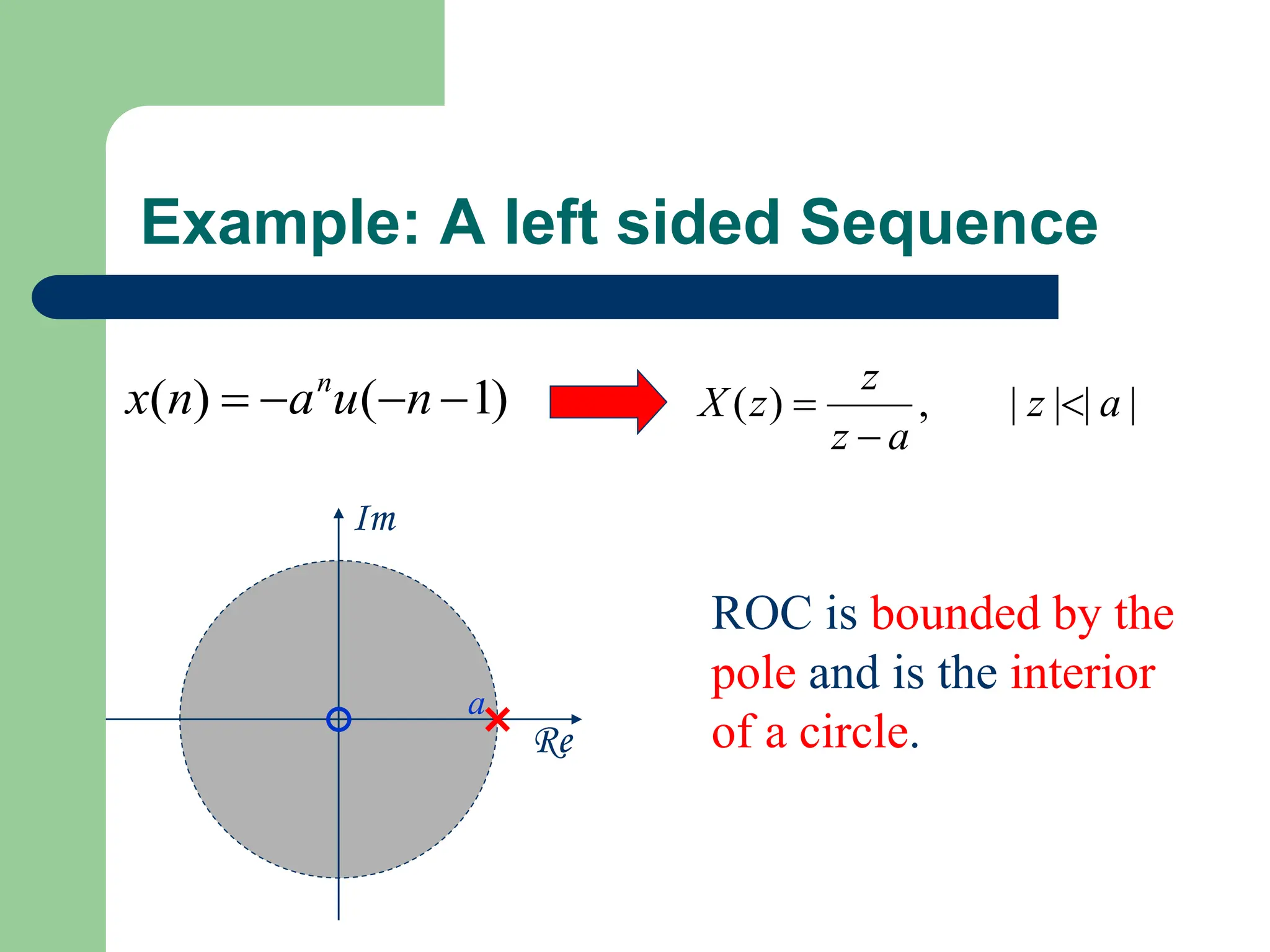 Example: A left sided Sequence
)
1
(
)
( 


 n
u
a
n
x n
|
|
|
|
,
)
( a
z
a
z
z
z
X 


Re
Im
a
ROC is bounded by the
pole and is the interior
of a circle.
 