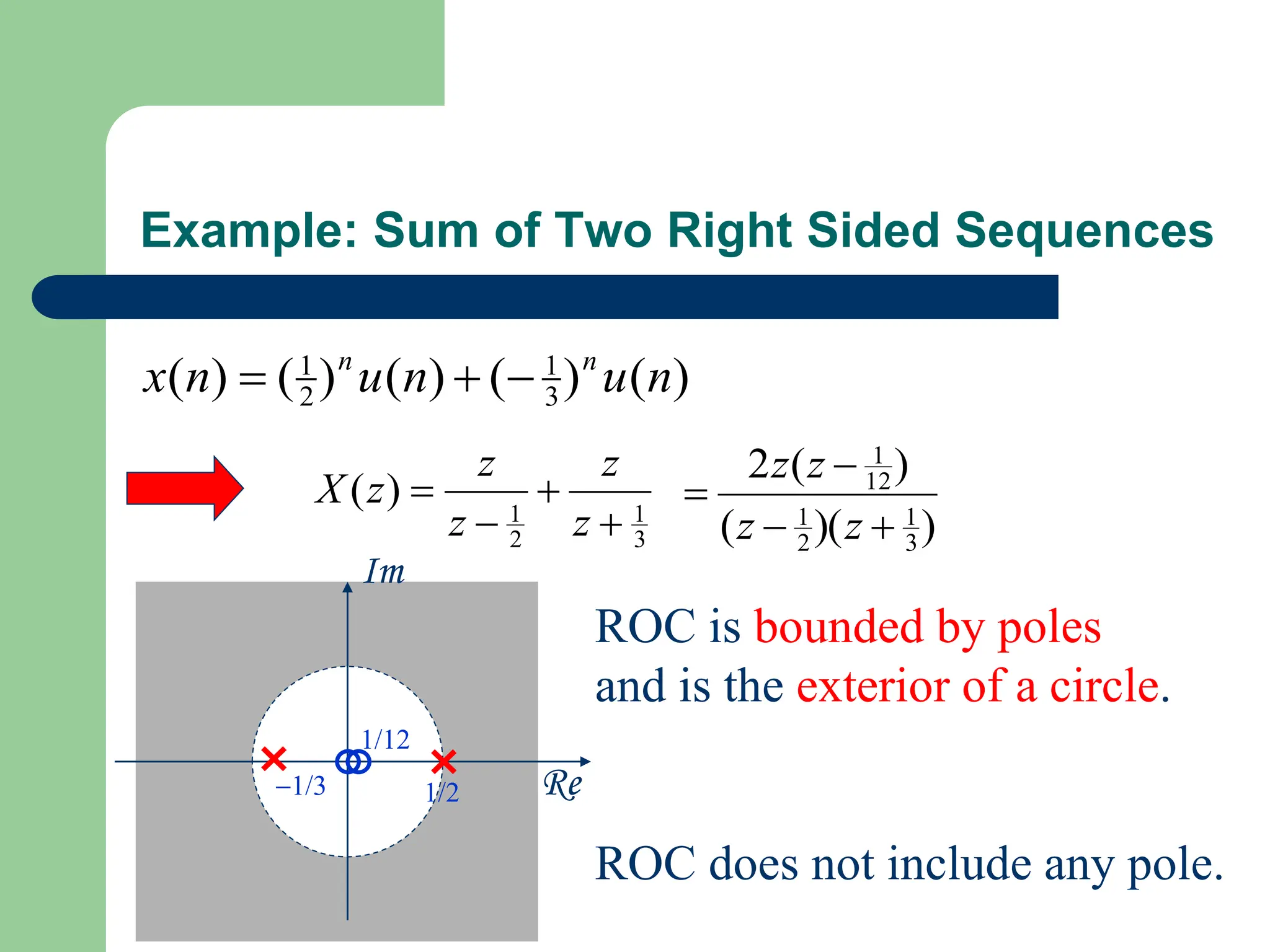 Example: Sum of Two Right Sided Sequences
)
(
)
(
)
(
)
(
)
( 3
1
2
1
n
u
n
u
n
x n
n



3
1
2
1
)
(




z
z
z
z
z
X
Re
Im
1/2
)
)(
(
)
(
2
3
1
2
1
12
1




z
z
z
z
1/3
1/12
ROC is bounded by poles
and is the exterior of a circle.
ROC does not include any pole.
 