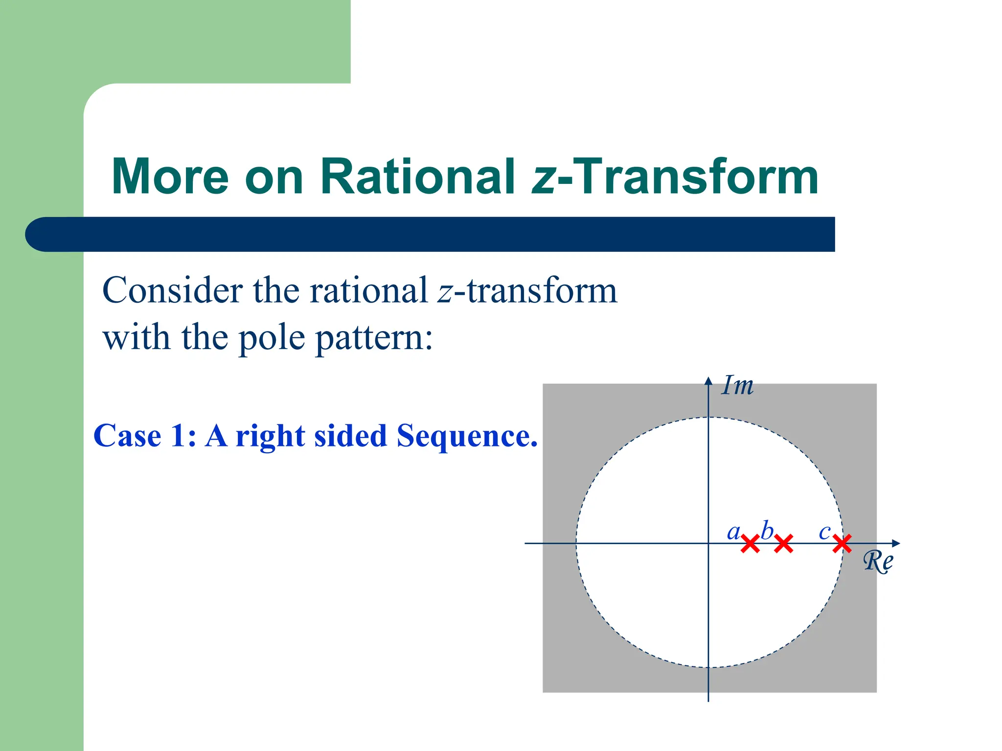More on Rational z-Transform
Re
Im
a b c
Consider the rational z-transform
with the pole pattern:
Case 1: A right sided Sequence.
 