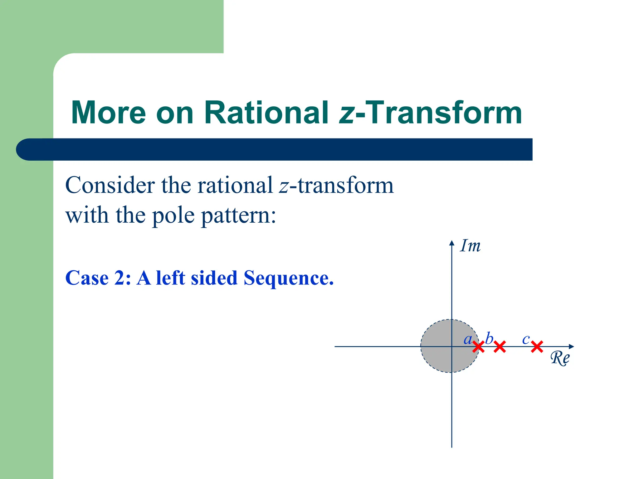 More on Rational z-Transform
Re
Im
a b c
Consider the rational z-transform
with the pole pattern:
Case 2: A left sided Sequence.
 