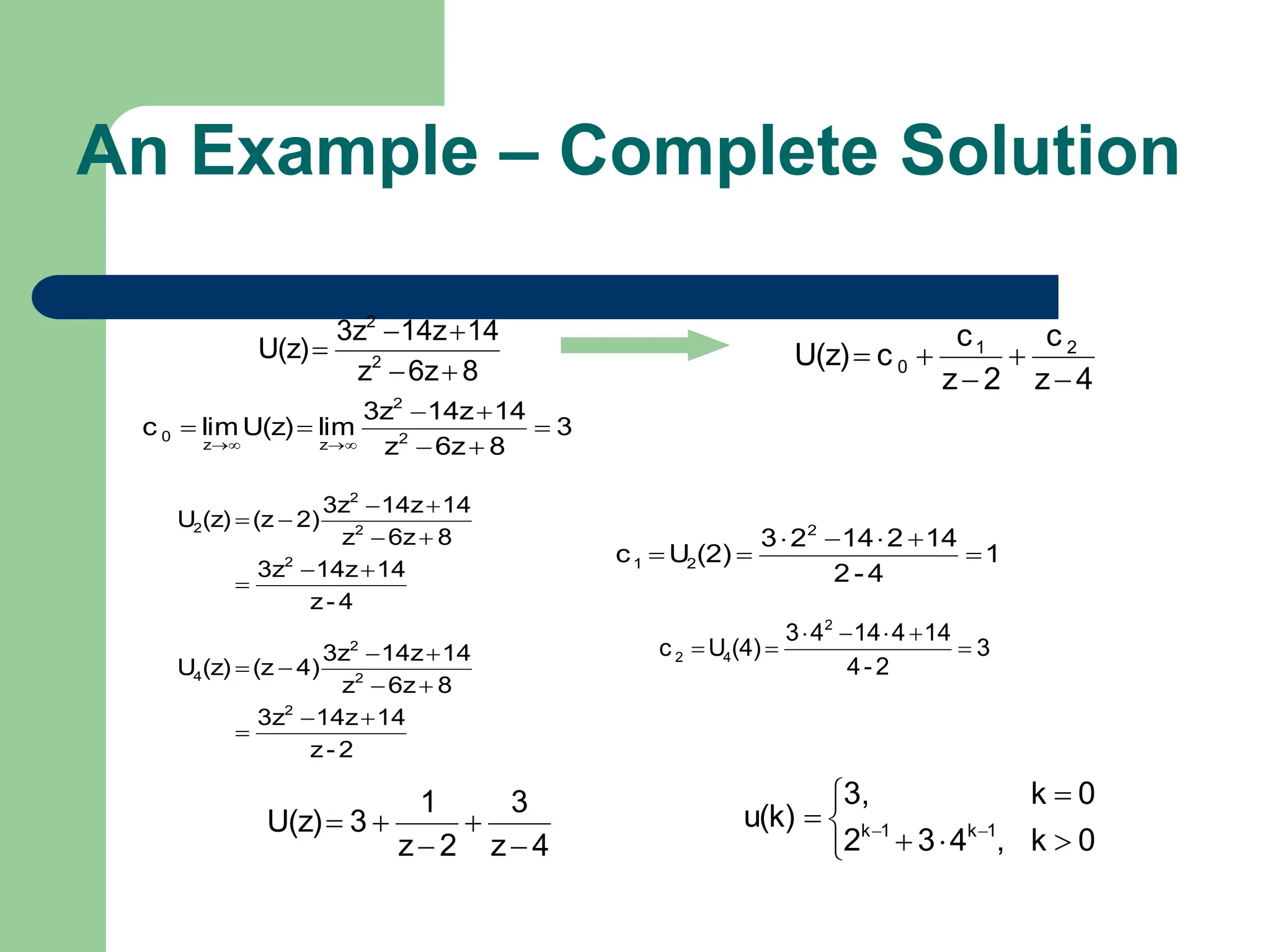 An Example – Complete Solution
3
8
6z
z
14
14z
3z
lim
U(z)
lim
c 2
2
z
z
0 










4
-
z
14
14z
3z
8
6z
z
14
14z
3z
2)
(z
(z)
U
2
2
2
2









2
-
z
14
14z
3z
8
6z
z
14
14z
3z
4)
(z
(z)
U
2
2
2
4









8
6z
z
14
14z
3z
U(z) 2
2





4
z
c
2
z
c
c
U(z) 2
1
0





1
4
-
2
14
2
14
2
3
(2)
U
c
2
2
1 






3
2
-
4
14
4
14
4
3
(4)
U
c
2
4
2 






4
z
3
2
z
1
3
U(z)












 

0
k
,
4
3
2
0
k
3,
u(k) 1
k
1
k
 