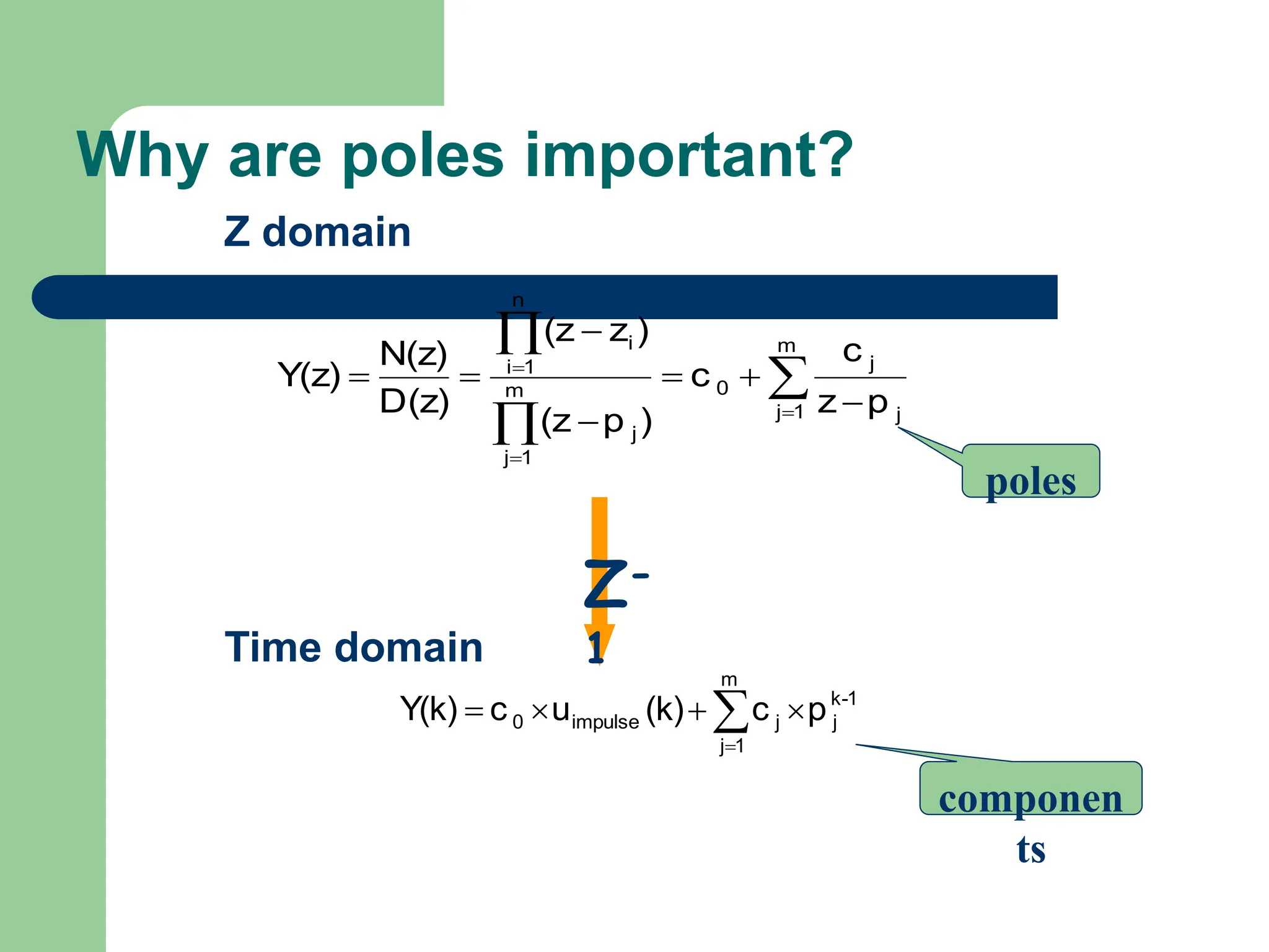 Why are poles important?













m
1
j j
j
0
m
1
j
j
n
1
i
i
p
z
c
c
)
p
(z
)
z
(z
D(z)
N(z)
Y(z)






m
1
j
1
-
k
j
j
impulse
0 p
c
(k)
u
c
Y(k)
Z-
1
Z domain
Time domain
poles
componen
ts
 