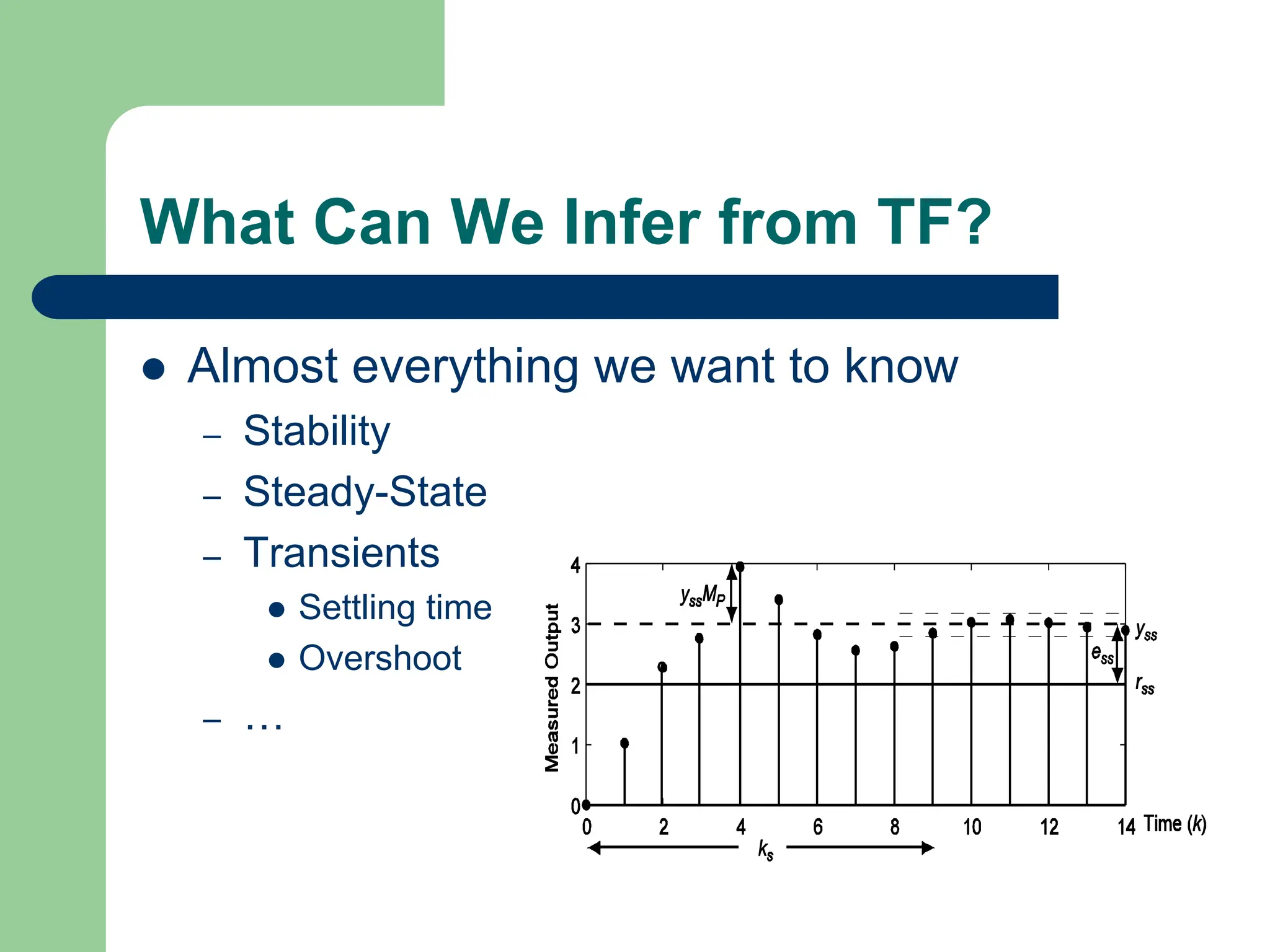 What Can We Infer from TF?
 Almost everything we want to know
– Stability
– Steady-State
– Transients
 Settling time
 Overshoot
– …
 