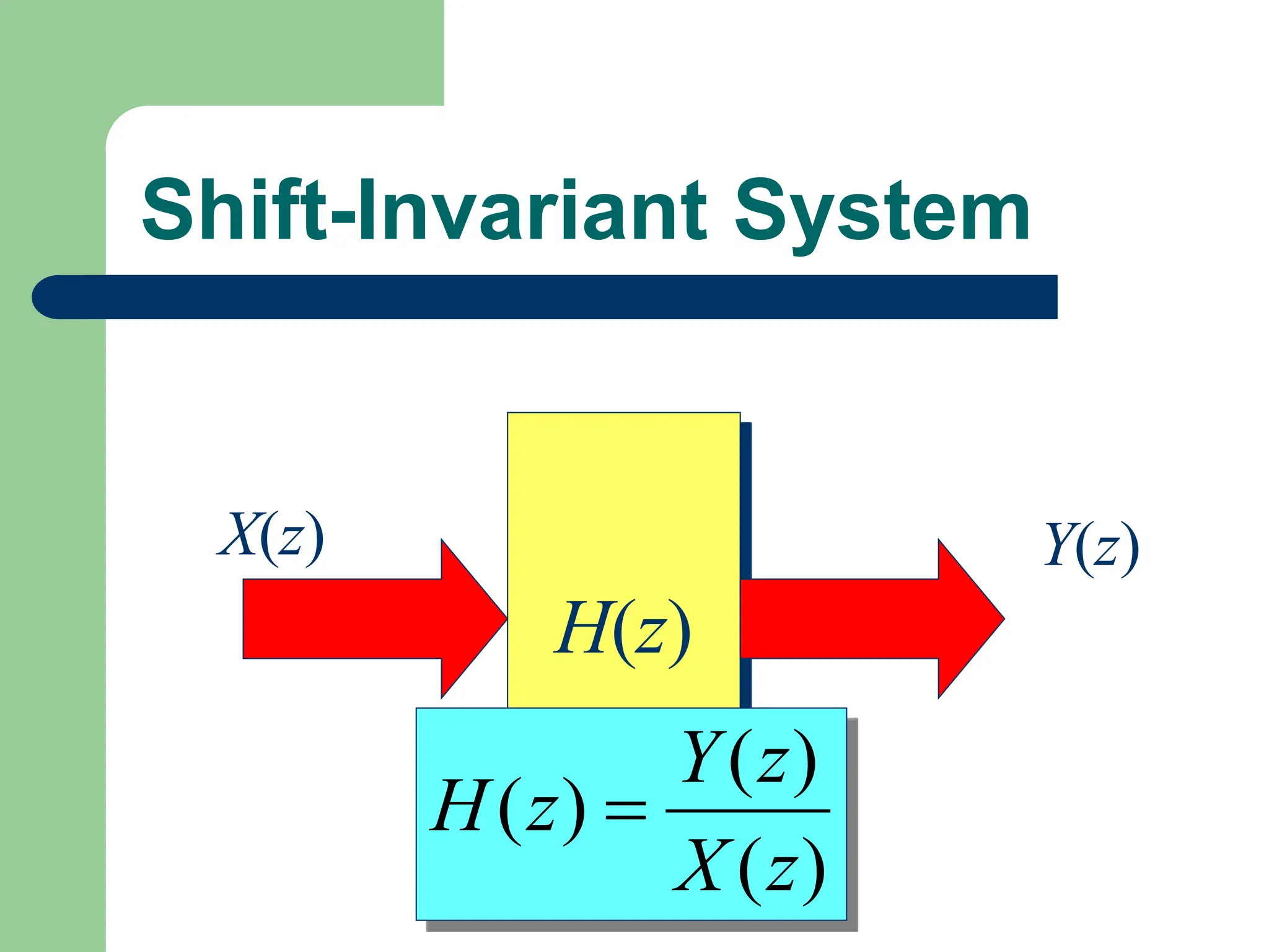 Shift-Invariant System
H(z)
X(z) Y(z)
)
(
)
(
)
(
z
X
z
Y
z
H 
 