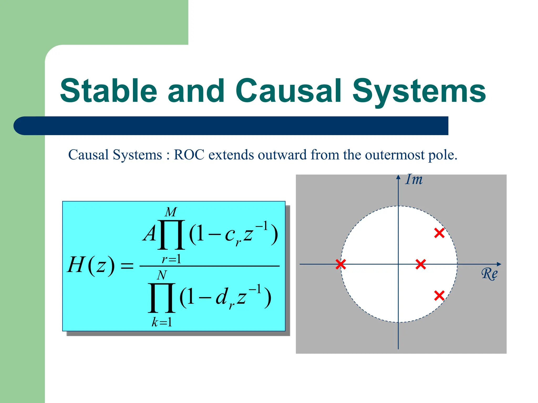 Stable and Causal Systems








 N
k
r
M
r
r
z
d
z
c
A
z
H
1
1
1
1
)
1
(
)
1
(
)
( Re
Im
Causal Systems : ROC extends outward from the outermost pole.
 