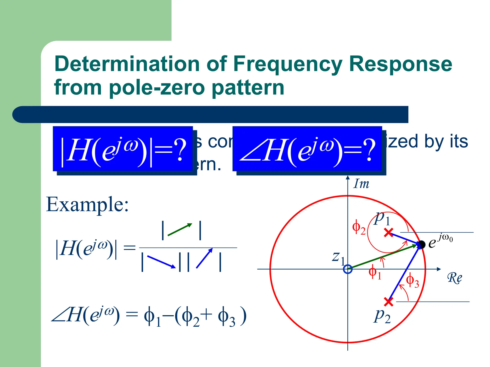 Determination of Frequency Response
from pole-zero pattern
 A LTI system is completely characterized by its
pole-zero pattern.
Example:
0

j
e
Re
Im
z1
p1
p2
|H(ej)|=? H(ej)=?
|H(ej)| =
| |
| | | | 1
2
3
H(ej) = 1(2+ 3 )
 