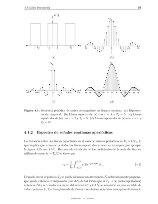 4 An´lisis frecuencial
    a                                                                                                                                           93

                                    x(t)
                                                                                                             ck
                            1




                                                                    t                                                                            k
        −Tp           −τ
                       2
                                      τ
                                      2               Tp                  -15         -10         -5              0       5         10         15




                            (a)                                                                               (b)
                           ck                                                                                 ck




                                                                   k                                                                             k
 -15    -10      -5             0          5          10          15      -30   -25   -20   -15   -10   -5        0   5   10   15   20   25     30




                            (c)                                                                               (d)

Figura 4.1: Secuencia peri´dica de pulsos rectangulares en tiempo continuo. (a) Represen-
                           o
            taci´n temporal. (b) L´
                o                   ıneas espectro de (a) con τ = 1 y Tp = 5. (c) L´   ıneas
            espectrales de (a) con τ = 2 y Tp = 5. (d) L´
                                                        ıneas espectrales de (a) con τ = 1 y
            Tp = 10.


4.1.2         Espectro de se˜ ales continuas aperi´dicas
                            n                     o

La distancia entre dos l´
                        ıneas espectrales en el caso de se˜ales peri´dicas es F0 = 1/Tp , lo
                                                          n         o
que implica que a mayor periodo, las l´ıneas espectrales se acercan (compare por ejemplo
la ﬁgura 4.1b con 4.1d). Retomando el c´lculo de los coeﬁcientes de la serie de Fourier
                                           a
utilizando como t0 = Tp /2 se tiene que

                                                                Tp /2
                                                      1
                                               ck =                     x(t)e−j2πF0 kt dt .                                                   (4.1)
                                                      Tp      −Tp /2



Dejando crecer el periodo Tp se puede alcanzar una frecuencia F0 arbitrariamente peque˜a,
                                                                                      n
que puede entonces reemplazarse por ∆F0 de tal forma que si Tp → ∞ (se˜al aperi´dica)
                                                                           n       o
entonces ∆F0 se transforma en un diferencial dF y k∆F0 se convierte en una variable de
valor continuo F . La transformada de Fourier se obtiene con estos conceptos eliminando

                                                           c 2005-2011 — P. Alvarado
 