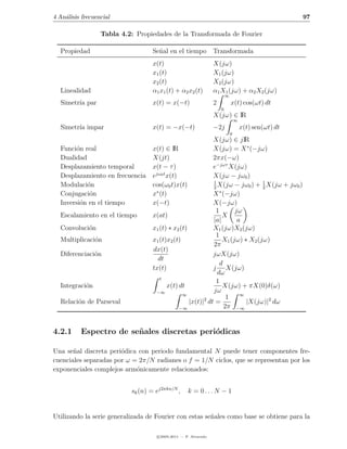 4 An´lisis frecuencial
    a                                                                                                  97

                  Tabla 4.2: Propiedades de la Transformada de Fourier

  Propiedad                        Se˜al en el tiempo Transformada
                                     n
                                   x(t)                          X(jω)
                                   x1 (t)                        X1 (jω)
                                   x2 (t)                        X2 (jω)
  Linealidad                       α1 x1 (t) + α2 x2 (t)         α1 X1 (jω) + α2 X2 (jω)
                                                                         ∞
  Simetr´ par
        ıa                         x(t) = x(−t)                  2           x(t) cos(ωt) dt
                                                                     0
                                                                 X(jω) ∈ IR
                                                                                 ∞
  Simetr´ impar
        ıa                         x(t) = −x(−t)                 −2j                 x(t) sen(ωt) dt
                                                                             0
                                                         X(jω) ∈ jIR
  Funci´n real
        o                      x(t) ∈ IR                 X(jω) = X ∗ (−jω)
  Dualidad                     X(jt)                     2πx(−ω)
  Desplazamiento temporal      x(t − τ )                 e−jωτ X(jω)
  Desplazamiento en frecuencia ejω0 t x(t)               X(jω − jω0 )
                                                         1                  1
  Modulaci´n
           o                   cos(ω0 t)x(t)             2
                                                           X(jω − jω0 ) + 2 X(jω + jω0 )
  Conjugaci´no                 x∗ (t)                    X ∗ (−jω)
  Inversi´n en el tiempo
         o                     x(−t)                     X(−jω)
                                                          1       jω
  Escalamiento en el tiempo    x(at)                         X
                                                         |a|       a
  Convoluci´n
            o                  x1 (t) ∗ x2 (t)           X1 (jω)X2 (jω)
                                                          1
  Multiplicaci´n
               o               x1 (t)x2 (t)                  X1 (jω) ∗ X2 (jω)
                                                         2π
                               dx(t)
  Diferenciaci´n
               o                                         jωX(jω)
                                 dt
                                                            d
                               tx(t)                     j X(jω)
                                                           dω
                                  t
                                                          1
  Integraci´n
           o                          x(t) dt                X(jω) + πX(0)δ(ω)
                                −∞                       jω
                                            ∞                       ∞
                                                               1
  Relaci´n de Parseval
         o                                     |x(t)|2 dt =           |X(jω)|2 dω
                                           −∞                 2π −∞


4.2.1     Espectro de se˜ ales discretas peri´dicas
                        n                    o

Una se˜al discreta peri´dica con periodo fundamental N puede tener componentes fre-
       n               o
cuenciales separadas por ω = 2π/N radianes o f = 1/N ciclos, que se representan por los
exponenciales complejos arm´nicamente relacionados:
                            o


                           sk (n) = ej2πkn/N ,      k = 0...N − 1


Utilizando la serie generalizada de Fourier con estas se˜ales como base se obtiene para la
                                                        n

                                     c 2005-2011 — P. Alvarado
 