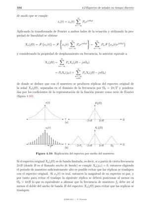 104                                                        4.2 Espectro de se˜ales en tiempo discreto
                                                                             n

de modo que se cumple
                                                      ∞
                                  xs (t) = xa (t)           Pn ejnΩ0 t
                                                    n=−∞

Aplicando la transformada de Fourier a ambos lados de la ecuaci´n y utilizando la pro-
                                                               o
piedad de linealidad se obtiene
                                               ∞                          ∞
      Xs (jΩ) = F {xs (t)} = F       xa (t)          Pn ejnΩ0 t     =           Pn F xa (t)ejnΩ0 t
                                              n=−∞                       n=−∞

y considerando la propiedad de desplazamiento en frecuencia, lo anterior equivale a
                                    ∞
                      Xs (jΩ) =          Pn Xa (jΩ − jnΩ0 )
                                  n=−∞
                                                      ∞
                                = P0 Xa (jω) +              Pn Xa (jΩ − jnΩ0 )
                                                    n=−∞
                                                     n=0

de donde se deduce que con el muestreo se producen r´plicas del espectro original de
                                                         e
la se˜al Xa (jΩ), separadas en el dominio de la frecuencia por Ω0 = 2π/T y pondera-
     n
das por los coeﬁcientes de la representaci´n de la funci´n puente como serie de Fourier
                                          o             o
(ﬁgura 4.10).

                       x(t)                                              X (jΩ)




                                        t                                                        Ω
                                                               −2πB           2πB
                                        (a)

                       xs (t)                                            Xs (jΩ)




                                        t                                                        Ω
                           T                        −2πFs      −2πB           2πB      Ω0
                                        (b)

               Figura 4.10: Replicaci´n del espectro por medio del muestreo.
                                     o

Si el espectro original Xa (jΩ) es de banda limitada, es decir, si a partir de cierta frecuencia
2πB (donde B es el llamado ancho de banda) se cumple Xa (jω) = 0, entonces eligiendo
el periodo de muestreo suﬁcientemente alto es posible evitar que las r´plicas se traslapen
                                                                            e
con el espectro original. Si xa (t) es real, entonces la magnitud de su espectro es par, y
por tanto para evitar el traslape la siguiente r´plica se deber´ posicionar al menos en
                                                  e                 a
Ω0 > 4πB lo que es equivalente a aﬁrmar que la frecuencia de muestreo fs debe ser al
menos el doble del ancho de banda B del espectro Xa (jΩ) para evitar que las replicas se
traslapen.

                                        c 2005-2011 — P. Alvarado
 