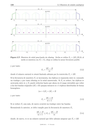 158                                                                       5.1 Muestreo de se˜ales anal´gicas
                                                                                            n         o

                                     2Fc − B
                                                    |H(Ω)|




  −Fc            −2Fs         −Fs                                    Fs             2Fs            Fc      F


                                    2Fc − B
                                                    |H(Ω)|




  −Fc                                                                                              Fc      F



                                    2Fc + B
                                                    |H(Ω)|




  −Fc
                  −2Fs        −Fs                                    Fs           2Fs              Fc      F



Figura 5.7: Muestreo de se˜al pasa-banda sin aliasing. Arriba se utiliza Fs = (2Fc /B)/6; al
                          n
            medio se muestrea con Fs < Fs ; abajo se utiliza la menor frecuencia posible.


y por tanto
                                                   2Fc − B
                                           Fs =                                                         (5.2)
                                                      m
donde el n´mero natural m estar´ limitado adem´s por la restricci´n Fs > 2B.
          u                    a              a                  o
Si la frecuencia de muestreo Fs se incrementa, las r´plicas se separar´n entre s´ causando
                                                    e                 a         ı,
un traslape y por tanto aliasing en la se˜al muestreada. Si Fs se reduce, las r´plicas se
                                         n                                         e
acercar´n entre s´ y Fs puede reducirse hasta que ahora en el rango extendido que cubre
         a        ı,
a las dos bandas originales (2Fc +B) quepan entonces m+1 r´plicas distribuidas de forma
                                                               e
homog´nea:
        e
                                     (m + 1)Fs = 2Fc + B

y por tanto
                                                   2Fc + B
                                           Fs =                                                         (5.3)
                                                    m+1
Si se reduce Fs aun m´s, de nuevo ocurrir´ un traslape entre las bandas.
                     a                   a
Resumiendo lo anterior, se debe cumplir para la frecuencia de muestreo Fs

                                    2Fc + B        2Fc − B
                                            ≤ Fs ≤                                                      (5.4)
                                     m+1              m

donde, de nuevo, m es un n´mero natural que debe adem´s asegurar que Fs > 2B.
                          u                          a

                                         c 2005-2011 — P. Alvarado
 