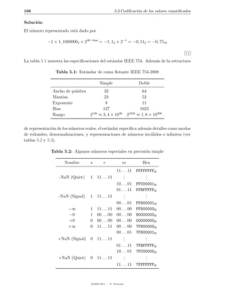166                                                   5.3 Codiﬁcaci´n de los valores cuantiﬁcados
                                                                   o

Soluci´n:
      o
El n´mero representado est´ dado por
    u                     a

            −1 × 1, 10000002 × 230−bias = −1, 12 × 2−1 = −0, 112 = −0, 7510

                                                                                              5.3


La tabla 5.1 muestra las especiﬁcaciones del est´ndar IEEE 754. Adem´s de la estructura
                                                a                   a

                 Tabla 5.1: Est´ndar de coma ﬂotante IEEE 754-2008
                               a

                                          Simple                         Doble
               Ancho de palabra              32                           64
               Mantisa                       23                           52
               Exponente                     8                            11
               Bias                         127                          1023
               Rango               2128   ≈ 3, 4 × 1038         21024   ≈ 1, 8 × 10308


de representaci´n de los n´meros reales, el est´ndar especiﬁca adem´s detalles como modos
               o          u                    a                   a
de redondeo, denormalizaciones, y representaciones de n´meros inv´lidos o inﬁnitos (ver
                                                           u         a
tablas 5.2 y 5.3).

              Tabla 5.2: Algunos n´meros especiales en precisi´n simple
                                  u                           o

                     Nombre        s         e             m               Hex
                                                       11 . . . 11 FFFFFFFFH
                  -NaN (Quiet)     1 11 . . . 11            .
                                                            .          .
                                                                       .
                                                            .          .
                                                       10 . . . 01 FFC00001H
                                                       01 . . . 11 FFBFFFFFH
                  -NaN (Signal)    1    11 . . . 11         .
                                                            .          .
                                                                       .
                                                            .          .
                                                       00 . . . 01      FF800001H
                       −∞          1 11 . . . 11       00 . . . 00      FF800000H
                       −0          1 00 . . . 00       00 . . . 00      80000000H
                       +0          0 00 . . . 00       00 . . . 00      00000000H
                       +∞          0 11 . . . 11       00 . . . 00      7F800000H
                                                       00 . . . 01      7F800001H
                  +NaN (Signal) 0 11 . . . 11               .
                                                            .               .
                                                                            .
                                                            .               .
                                                       01 . . . 11 7FBFFFFFH
                                                       10 . . . 01 7FC00000H
                  +NaN (Quiet)     0 11 . . . 11            .
                                                            .          .
                                                                       .
                                                            .          .
                                                       11 . . . 11 7FFFFFFFH



                                    c 2005-2011 — P. Alvarado
 