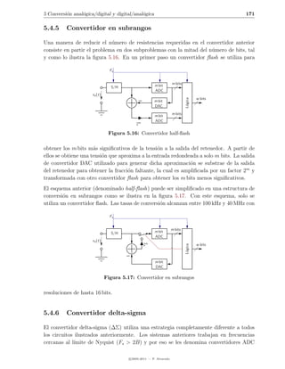5 Conversi´n anal´gica/digital y digital/anal´gica
          o      o                           o                                                  171

5.4.5     Convertidor en subrangos

Una manera de reducir el n´mero de resistencias requeridas en el convertidor anterior
                             u
consiste en partir el problema en dos subproblemas con la mitad del n´mero de bits, tal
                                                                     u
y como lo ilustra la ﬁgura 5.16. En un primer paso un convertidor ﬂash se utiliza para

                                 Fs


                                                                     m bits
                                 S/H                    m bit
                                                        ADC
                      xa (t)
                                                                                       w bits




                                                                              L´gica
                                                        m bit




                                                                               o
                                                        DAC
                                                                     m bits
                                                        m bit
                                                        ADC
                                             2m

                                Figura 5.16: Convertidor half-ﬂash


obtener los m bits m´s signiﬁcativos de la tensi´n a la salida del retenedor. A partir de
                      a                          o
ellos se obtiene una tensi´n que aproxima a la entrada redondeada a solo m bits. La salida
                          o
de convertidor DAC utilizado para generar dicha aproximaci´n se substrae de la salida
                                                               o
del retenedor para obtener la fracci´n faltante, la cual es ampliﬁcada por un factor 2m y
                                     o
transformada con otro convertidor ﬂash para obtener los m bits menos signiﬁcativos.
El esquema anterior (denominado half-ﬂash) puede ser simpliﬁcado en una estructura de
conversi´n en subrangos como se ilustra en la ﬁgura 5.17. Con este esquema, solo se
         o
utiliza un convertidor ﬂash. Las tasas de conversi´n alcanzan entre 100 kHz y 40 MHz con
                                                  o

                                 Fs


                                                                     m bits
                                 S/H                    m bit
                                                        ADC
                      xa (t)
                                                  2m                                   w bits
                                                                              L´gica
                                                                               o




                                                        m bit
                                                        DAC

                               Figura 5.17: Convertidor en subrangos


resoluciones de hasta 16 bits.


5.4.6     Convertidor delta-sigma

El convertidor delta-sigma (∆Σ) utiliza una estrategia completamente diferente a todos
los circuitos ilustrados anteriormente. Los sistemas anteriores trabajan en frecuencias
cercanas al l´ımite de Nyquist (Fs > 2B) y por eso se les denomina convertidores ADC

                                         c 2005-2011 — P. Alvarado
 