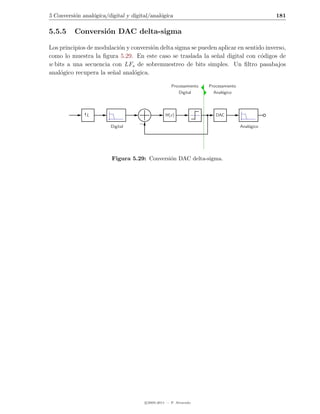5 Conversi´n anal´gica/digital y digital/anal´gica
          o      o                           o                                                  181

5.5.5     Conversi´n DAC delta-sigma
                  o

Los principios de modulaci´n y conversi´n delta sigma se pueden aplicar en sentido inverso,
                          o            o
como lo muestra la ﬁgura 5.29. En este caso se traslada la se˜al digital con c´digos de
                                                               n                 o
w bits a una secuencia con LFs de sobremuestreo de bits simples. Un ﬁltro pasabajos
anal´gico recupera la se˜al anal´gica.
    o                   n       o

                                                    Procesamiento   Procesamiento
                                                       Digital        Anal´gico
                                                                          o




               L                                H(z)                   DAC

                        Digital                                                     Anal´gico
                                                                                        o




                         Figura 5.29: Conversi´n DAC delta-sigma.
                                              o




                                      c 2005-2011 — P. Alvarado
 