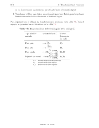 216                                                                7.4 Transformaci´n de Frecuencia
                                                                                   o

      de s a z presentados anteriormente para transformarlo al dominio digital.

  2. Transformar el ﬁltro paso bajo a un equivalente paso bajo digital, para luego hacer
     la transformaci´n al ﬁltro deseado en el dominido digital.
                    o

Para el primer caso se utilizan las transformaciones mostradas en la tabla 7.5. Para el
segundo se presentan las modiﬁcaciones en la tabla 7.6.

           Tabla 7.5: Transformaciones de frecuencia para ﬁltros anal´gicos.
                                                                     o

                 Tipo de ﬁltro            Transformaci´n
                                                      o              Nuevas
                 deseado                                             frecuencias
                                                                     de corte
                                              ΩP
                 Paso bajo                s→      s                  ΩP
                                              ΩP
                                              ΩP ΩP
                 Paso alto                s→                         ΩP
                                                 s 2
                                                  s + Ωl Ωu
                 Paso banda               s → ΩP                     Ωu , Ωl
                                                  s(Ωu − Ωl )
                                                  s(Ωu − Ωl )
                 Supresor de banda        s → ΩP 2                   Ωu , Ωl
                                                  s + Ω l Ωu
                             ΩP :   frecuencia de corte del prototipo
                             Ωl :   frecuencia de corte inferior
                             Ωu :   frecuencia de corte superior




                                       c 2005-2011 — P. Alvarado
 