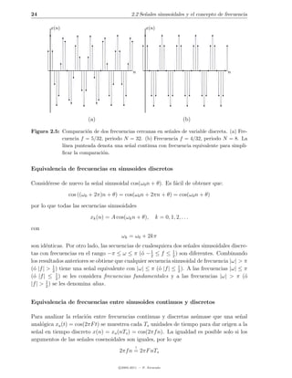 24                                           2.2 Se˜ales sinusoidales y el concepto de frecuencia
                                                   n

        x(n)                                          x(n)




                                              n                                         n




                        (a)                                                 (b)

Figura 2.5: Comparaci´n de dos frecuencias cercanas en se˜ales de variable discreta. (a) Fre-
                       o                                 n
            cuencia f = 5/32, periodo N = 32. (b) Frecuencia f = 4/32, periodo N = 8. La
            l´
             ınea punteada denota una se˜al continua con frecuencia equivalente para simpli-
                                        n
            ﬁcar la comparaci´n.
                             o


Equivalencia de frecuencias en sinusoides discretos

Consid´rese de nuevo la se˜al sinusoidal cos(ω0 n + θ). Es f´cil de obtener que:
      e                   n                                 a
                cos ((ω0 + 2π)n + θ) = cos(ω0 n + 2πn + θ) = cos(ω0 n + θ)
por lo que todas las secuencias sinusoidales
                         xk (n) = A cos(ωk n + θ),           k = 0, 1, 2, . . .
con
                                       ωk = ω0 + 2kπ
son id´nticas. Por otro lado, las secuencias de cualesquiera dos se˜ales sinusoidales discre-
        e                                                            n
                                                    1         1
tas con frecuencias en el rango −π ≤ ω ≤ π (´ − 2 ≤ f ≤ 2 ) son diferentes. Combinando
                                                o
los resultados anteriores se obtiene que cualquier secuencia sinusoidal de frecuencia |ω| > π
           1                                                    1
(´ |f | > 2 ) tiene una se˜al equivalente con |ω| ≤ π (´ |f | ≤ 2 ). A las frecuencias |ω| ≤ π
 o                        n                            o
             1
(´ |f | ≤ 2 ) se les considera frecuencias fundamentales y a las frecuencias |ω| > π (´
 o                                                                                           o
        1
|f | > 2 ) se les denomina alias.


Equivalencia de frecuencias entre sinusoides continuos y discretos

Para analizar la relaci´n entre frecuencias continuas y discretas as´mase que una se˜al
                        o                                           u                  n
anal´gica xa (t) = cos(2πF t) se muestrea cada Ts unidades de tiempo para dar origen a la
    o
se˜al en tiempo discreto x(n) = xa (nTs ) = cos(2πf n). La igualdad es posible solo si los
  n
argumentos de las se˜ales cosenoidales son iguales, por lo que
                      n
                                               !
                                      2πf n = 2πF nTs

                                      c 2005-2011 — P. Alvarado
 