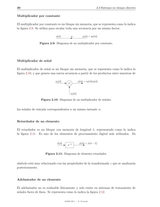 30                                                                   2.3 Sistemas en tiempo discreto

Multiplicador por constante

El multiplicador por constante es un bloque sin memoria, que se representa como lo indica
la ﬁgura 2.9. Se utiliza para escalar toda una secuencia por un mismo factor.

                             x(n)          a            y (n) = ax(n)

                Figura 2.9: Diagrama de un multiplicador por constante.




Multiplicador de se˜ al
                   n

El multiplicador de se˜al es un bloque sin memoria, que se representa como lo indica la
                      n
ﬁgura 2.10, y que genera una nueva secuencia a partir de los productos entre muestras de

                            x1 (n)                 y (n) = x1 (n)x2 (n)



                                          x2 (n)

                  Figura 2.10: Diagrama de un multiplicador de se˜ales.
                                                                 n


las se˜ales de entrada correspondientes a un mismo instante n.
      n


Retardador de un elemento

El retardador es un bloque con memoria de longitud 1, representado como lo indica
la ﬁgura 2.11. Es uno de los elementos de procesamiento digital m´s utilizados. Su
                                                                 a

                              x(n)                  y (n) = x(n − 1)
                                       z −1


                     Figura 2.11: Diagrama de elemento retardador.


s´
 ımbolo est´ muy relacionado con las propiedades de la transformada z que se analizar´n
           a                                                                         a
posteriormente.


Adelantador de un elemento

El adelantador no es realizable f´ısicamente y solo existe en sistemas de tratamiento de
se˜ales fuera de l´
  n               ınea. Se representa como lo indica la ﬁgura 2.12.

                                     c 2005-2011 — P. Alvarado
 