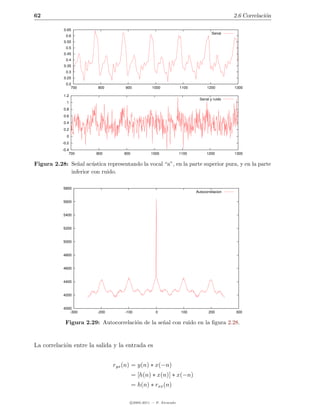 62                                                                                             2.6 Correlaci´n
                                                                                                            o

            0.65
                                                                                      Senal
             0.6
            0.55
             0.5
            0.45
             0.4
            0.35
             0.3
            0.25
             0.2
                700      800         900             1000             1100         1200        1300

            1.2
                                                                               Senal y ruido
             1
            0.8
            0.6
            0.4
            0.2
             0
           -0.2
           -0.4
               700       800        900              1000             1100         1200        1300

Figura 2.28: Se˜al ac´stica representando la vocal “a”, en la parte superior pura, y en la parte
                n     u
             inferior con ruido.

           5800
                                                                             Autocorrelacion

           5600


           5400


           5200


           5000


           4800


           4600


           4400


           4200


           4000
              -300       -200       -100               0               100          200        300

            Figura 2.29: Autocorrelaci´n de la se˜al con ruido en la ﬁgura 2.28.
                                      o          n



La correlaci´n entre la salida y la entrada es
            o


                                ryx (n) = y(n) ∗ x(−n)
                                          = [h(n) ∗ x(n)] ∗ x(−n)
                                          = h(n) ∗ rxx (n)

                                          c 2005-2011 — P. Alvarado
 