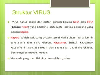 Struktur VIRUS
 Virus hanya terdiri dari materi genetik berupa DNA atau RNA
(disebut virion) yang dikelilingi oleh suatu protein pelindung yang
disebut kapsid.
 Kapsid adalah selubung protein terdiri dari subunit yang identik
satu sama lain yang disebut kapsomer. Bentuk kapsomer-
kapsomer ini sangat simetris dan suatu saat dapat mengkristal.
Bentuknya bermacam-macam
 Virus ada yang memiliki ekor dan selubung virus
 