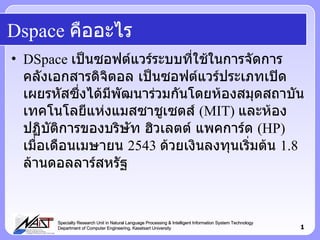 Dspace  คืออะไร ,[object Object],Specialty Research Unit in Natural Language Processing & Intelligent Information System Technology Department of Computer Engineering, Kasetsart University 