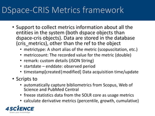 • The current value of each metric (last = true) is
exposed as dynamic field crismetrics_<metrictype>
in the SOLR search d...