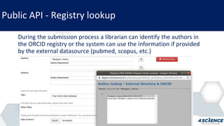 Public API - Registry lookup
During the submission process a librarian can identify the authors in
the ORCID registry or the system can use the information if provided
by the external datasource (pubmed, scopus, etc.)
 