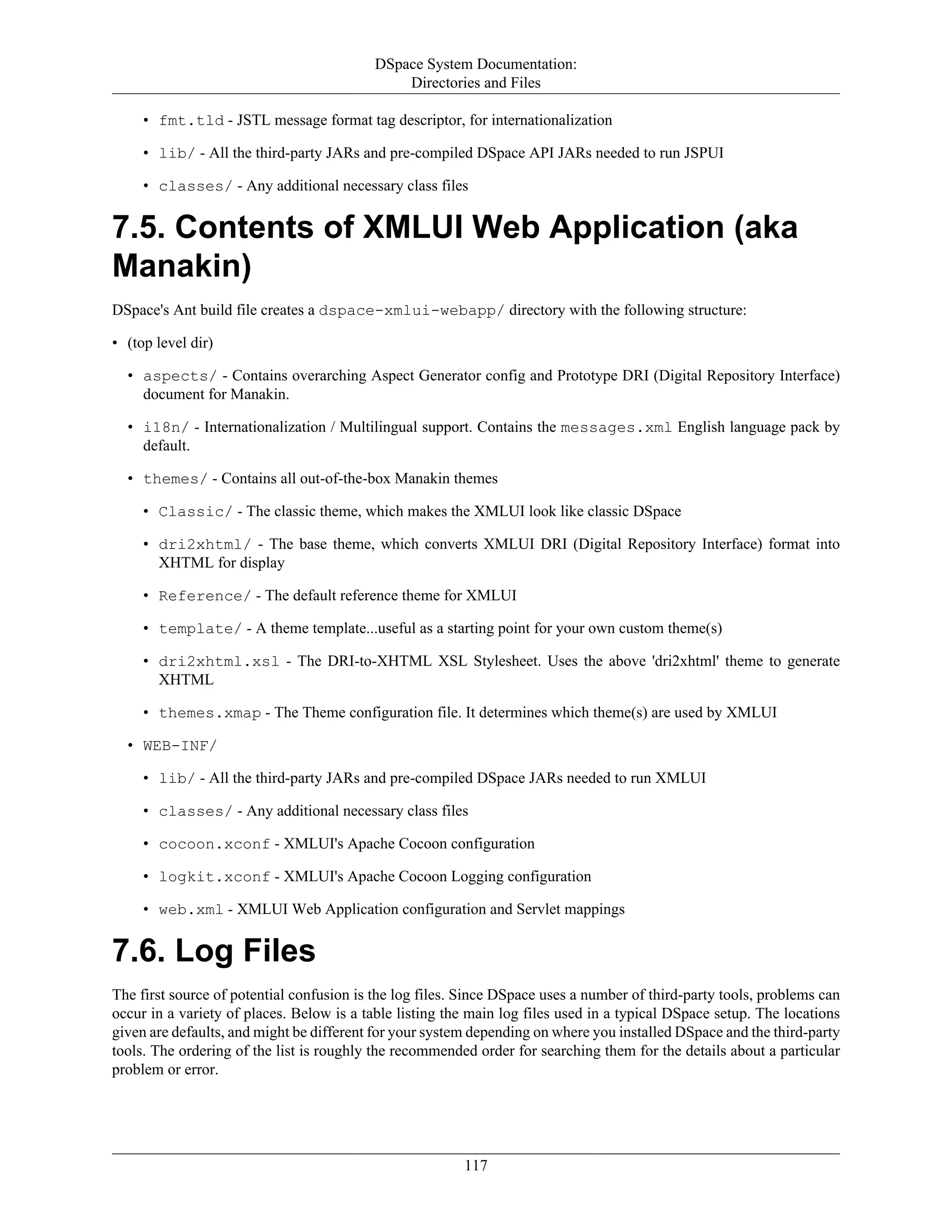 DSpace System Documentation:
Directories and Files
117
• fmt.tld - JSTL message format tag descriptor, for internationalization
• lib/ - All the third-party JARs and pre-compiled DSpace API JARs needed to run JSPUI
• classes/ - Any additional necessary class files
7.5. Contents of XMLUI Web Application (aka
Manakin)
DSpace's Ant build file creates a dspace-xmlui-webapp/ directory with the following structure:
• (top level dir)
• aspects/ - Contains overarching Aspect Generator config and Prototype DRI (Digital Repository Interface)
document for Manakin.
• i18n/ - Internationalization / Multilingual support. Contains the messages.xml English language pack by
default.
• themes/ - Contains all out-of-the-box Manakin themes
• Classic/ - The classic theme, which makes the XMLUI look like classic DSpace
• dri2xhtml/ - The base theme, which converts XMLUI DRI (Digital Repository Interface) format into
XHTML for display
• Reference/ - The default reference theme for XMLUI
• template/ - A theme template...useful as a starting point for your own custom theme(s)
• dri2xhtml.xsl - The DRI-to-XHTML XSL Stylesheet. Uses the above 'dri2xhtml' theme to generate
XHTML
• themes.xmap - The Theme configuration file. It determines which theme(s) are used by XMLUI
• WEB-INF/
• lib/ - All the third-party JARs and pre-compiled DSpace JARs needed to run XMLUI
• classes/ - Any additional necessary class files
• cocoon.xconf - XMLUI's Apache Cocoon configuration
• logkit.xconf - XMLUI's Apache Cocoon Logging configuration
• web.xml - XMLUI Web Application configuration and Servlet mappings
7.6. Log Files
The first source of potential confusion is the log files. Since DSpace uses a number of third-party tools, problems can
occur in a variety of places. Below is a table listing the main log files used in a typical DSpace setup. The locations
given are defaults, and might be different for your system depending on where you installed DSpace and the third-party
tools. The ordering of the list is roughly the recommended order for searching them for the details about a particular
problem or error.
 