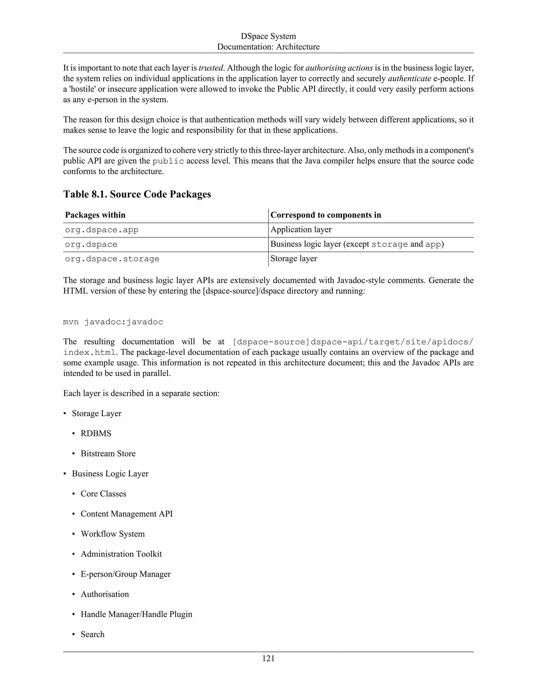 DSpace System
Documentation: Architecture
121
It is important to note that each layer is trusted. Although the logic for authorising actions is in the business logic layer,
the system relies on individual applications in the application layer to correctly and securely authenticate e-people. If
a 'hostile' or insecure application were allowed to invoke the Public API directly, it could very easily perform actions
as any e-person in the system.
The reason for this design choice is that authentication methods will vary widely between different applications, so it
makes sense to leave the logic and responsibility for that in these applications.
The source code is organized to cohere very strictly to this three-layer architecture. Also, only methods in a component's
public API are given the public access level. This means that the Java compiler helps ensure that the source code
conforms to the architecture.
Table 8.1. Source Code Packages
Packages within Correspond to components in
org.dspace.app Application layer
org.dspace Business logic layer (except storage and app)
org.dspace.storage Storage layer
The storage and business logic layer APIs are extensively documented with Javadoc-style comments. Generate the
HTML version of these by entering the [dspace-source]/dspace directory and running:
mvn javadoc:javadoc
The resulting documentation will be at [dspace-source]dspace-api/target/site/apidocs/
index.html. The package-level documentation of each package usually contains an overview of the package and
some example usage. This information is not repeated in this architecture document; this and the Javadoc APIs are
intended to be used in parallel.
Each layer is described in a separate section:
• Storage Layer
• RDBMS
• Bitstream Store
• Business Logic Layer
• Core Classes
• Content Management API
• Workflow System
• Administration Toolkit
• E-person/Group Manager
• Authorisation
• Handle Manager/Handle Plugin
• Search
 