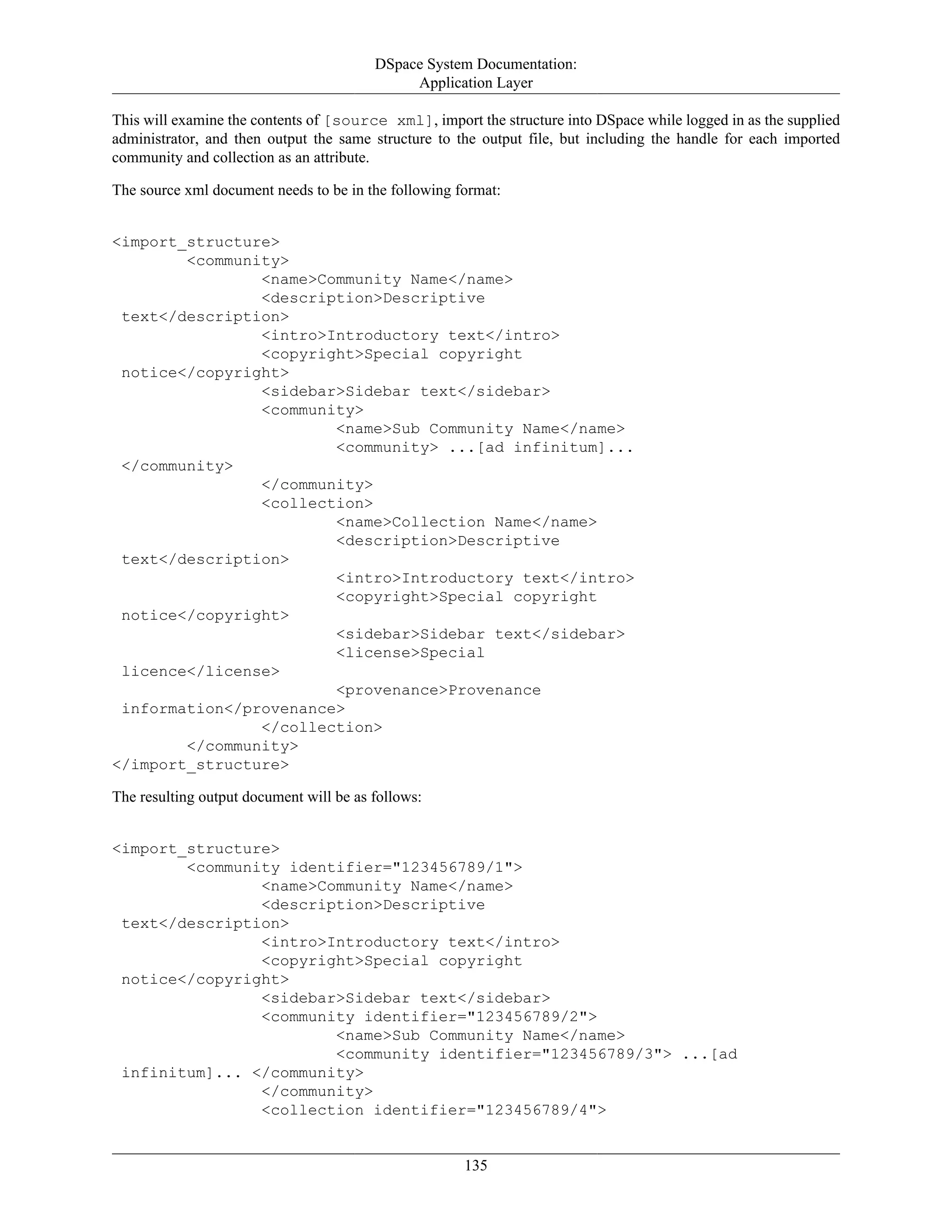 DSpace System Documentation:
Application Layer
135
This will examine the contents of [source xml], import the structure into DSpace while logged in as the supplied
administrator, and then output the same structure to the output file, but including the handle for each imported
community and collection as an attribute.
The source xml document needs to be in the following format:
<import_structure>
<community>
<name>Community Name</name>
<description>Descriptive
text</description>
<intro>Introductory text</intro>
<copyright>Special copyright
notice</copyright>
<sidebar>Sidebar text</sidebar>
<community>
<name>Sub Community Name</name>
<community> ...[ad infinitum]...
</community>
</community>
<collection>
<name>Collection Name</name>
<description>Descriptive
text</description>
<intro>Introductory text</intro>
<copyright>Special copyright
notice</copyright>
<sidebar>Sidebar text</sidebar>
<license>Special
licence</license>
<provenance>Provenance
information</provenance>
</collection>
</community>
</import_structure>
The resulting output document will be as follows:
<import_structure>
<community identifier="123456789/1">
<name>Community Name</name>
<description>Descriptive
text</description>
<intro>Introductory text</intro>
<copyright>Special copyright
notice</copyright>
<sidebar>Sidebar text</sidebar>
<community identifier="123456789/2">
<name>Sub Community Name</name>
<community identifier="123456789/3"> ...[ad
infinitum]... </community>
</community>
<collection identifier="123456789/4">
 