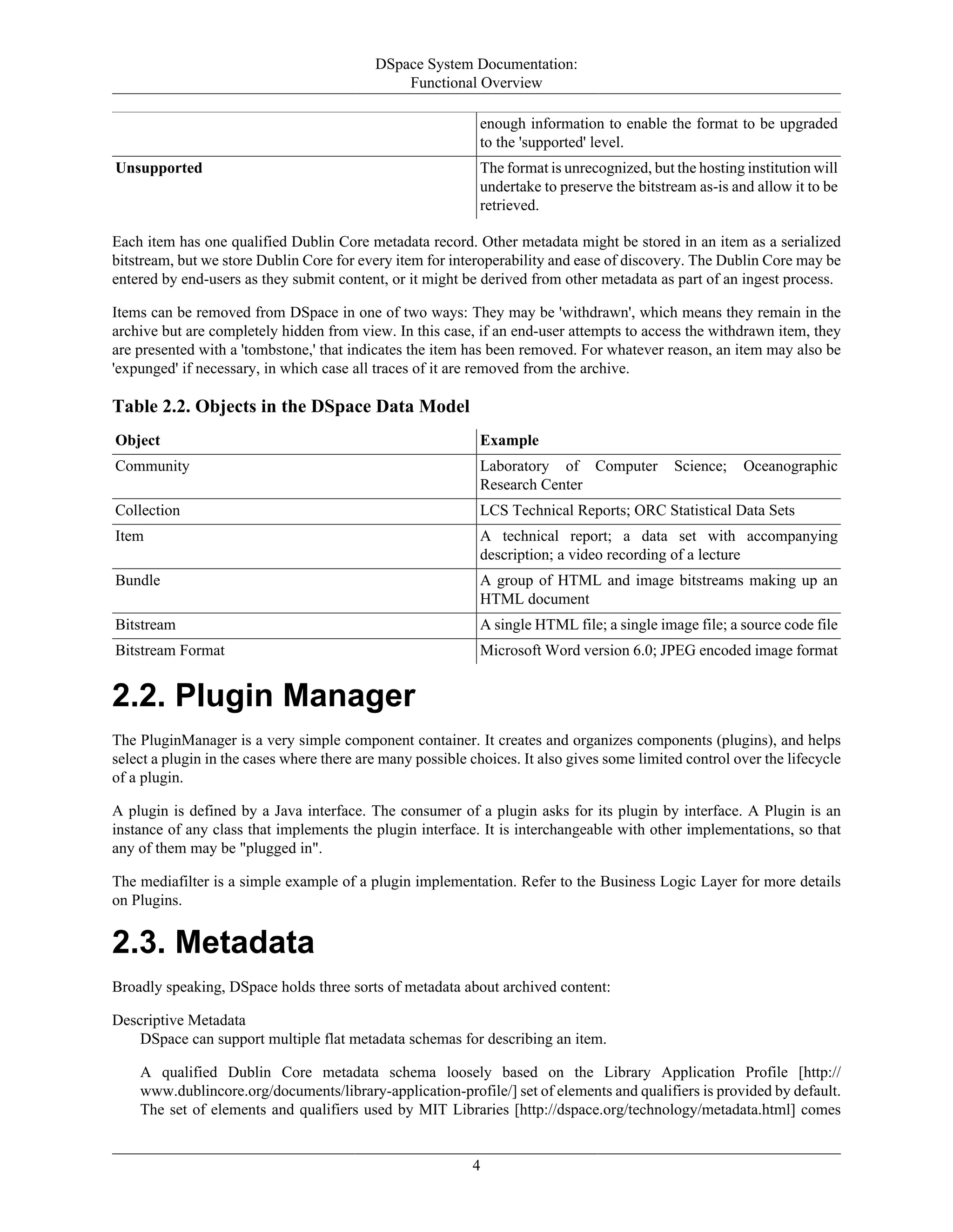 DSpace System Documentation:
Functional Overview
4
enough information to enable the format to be upgraded
to the 'supported' level.
Unsupported The format is unrecognized, but the hosting institution will
undertake to preserve the bitstream as-is and allow it to be
retrieved.
Each item has one qualified Dublin Core metadata record. Other metadata might be stored in an item as a serialized
bitstream, but we store Dublin Core for every item for interoperability and ease of discovery. The Dublin Core may be
entered by end-users as they submit content, or it might be derived from other metadata as part of an ingest process.
Items can be removed from DSpace in one of two ways: They may be 'withdrawn', which means they remain in the
archive but are completely hidden from view. In this case, if an end-user attempts to access the withdrawn item, they
are presented with a 'tombstone,' that indicates the item has been removed. For whatever reason, an item may also be
'expunged' if necessary, in which case all traces of it are removed from the archive.
Table 2.2. Objects in the DSpace Data Model
Object Example
Community Laboratory of Computer Science; Oceanographic
Research Center
Collection LCS Technical Reports; ORC Statistical Data Sets
Item A technical report; a data set with accompanying
description; a video recording of a lecture
Bundle A group of HTML and image bitstreams making up an
HTML document
Bitstream A single HTML file; a single image file; a source code file
Bitstream Format Microsoft Word version 6.0; JPEG encoded image format
2.2. Plugin Manager
The PluginManager is a very simple component container. It creates and organizes components (plugins), and helps
select a plugin in the cases where there are many possible choices. It also gives some limited control over the lifecycle
of a plugin.
A plugin is defined by a Java interface. The consumer of a plugin asks for its plugin by interface. A Plugin is an
instance of any class that implements the plugin interface. It is interchangeable with other implementations, so that
any of them may be "plugged in".
The mediafilter is a simple example of a plugin implementation. Refer to the Business Logic Layer for more details
on Plugins.
2.3. Metadata
Broadly speaking, DSpace holds three sorts of metadata about archived content:
Descriptive Metadata
DSpace can support multiple flat metadata schemas for describing an item.
A qualified Dublin Core metadata schema loosely based on the Library Application Profile [http://
www.dublincore.org/documents/library-application-profile/] set of elements and qualifiers is provided by default.
The set of elements and qualifiers used by MIT Libraries [http://dspace.org/technology/metadata.html] comes
 