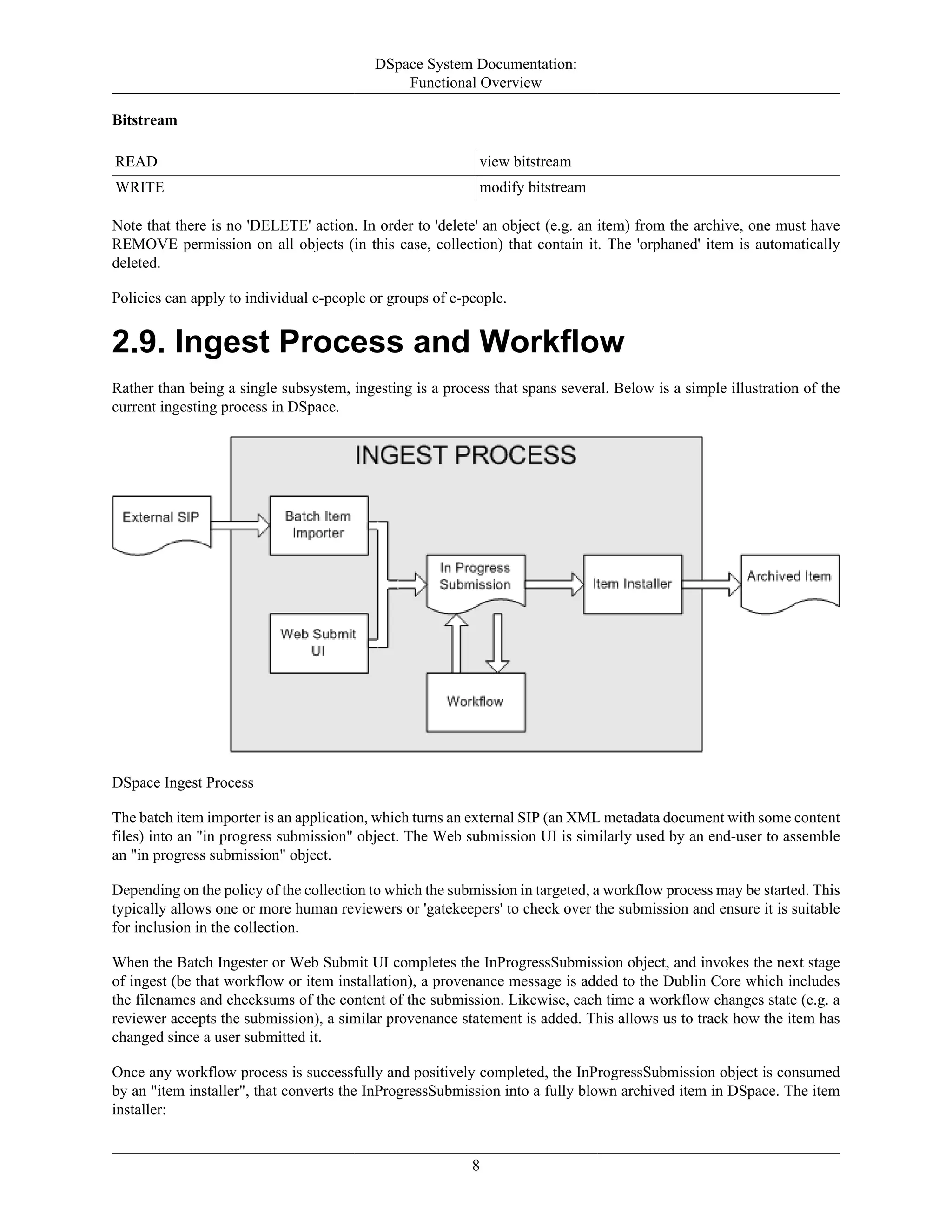 DSpace System Documentation:
Functional Overview
8
Bitstream
READ view bitstream
WRITE modify bitstream
Note that there is no 'DELETE' action. In order to 'delete' an object (e.g. an item) from the archive, one must have
REMOVE permission on all objects (in this case, collection) that contain it. The 'orphaned' item is automatically
deleted.
Policies can apply to individual e-people or groups of e-people.
2.9. Ingest Process and Workflow
Rather than being a single subsystem, ingesting is a process that spans several. Below is a simple illustration of the
current ingesting process in DSpace.
DSpace Ingest Process
The batch item importer is an application, which turns an external SIP (an XML metadata document with some content
files) into an "in progress submission" object. The Web submission UI is similarly used by an end-user to assemble
an "in progress submission" object.
Depending on the policy of the collection to which the submission in targeted, a workflow process may be started. This
typically allows one or more human reviewers or 'gatekeepers' to check over the submission and ensure it is suitable
for inclusion in the collection.
When the Batch Ingester or Web Submit UI completes the InProgressSubmission object, and invokes the next stage
of ingest (be that workflow or item installation), a provenance message is added to the Dublin Core which includes
the filenames and checksums of the content of the submission. Likewise, each time a workflow changes state (e.g. a
reviewer accepts the submission), a similar provenance statement is added. This allows us to track how the item has
changed since a user submitted it.
Once any workflow process is successfully and positively completed, the InProgressSubmission object is consumed
by an "item installer", that converts the InProgressSubmission into a fully blown archived item in DSpace. The item
installer:
 