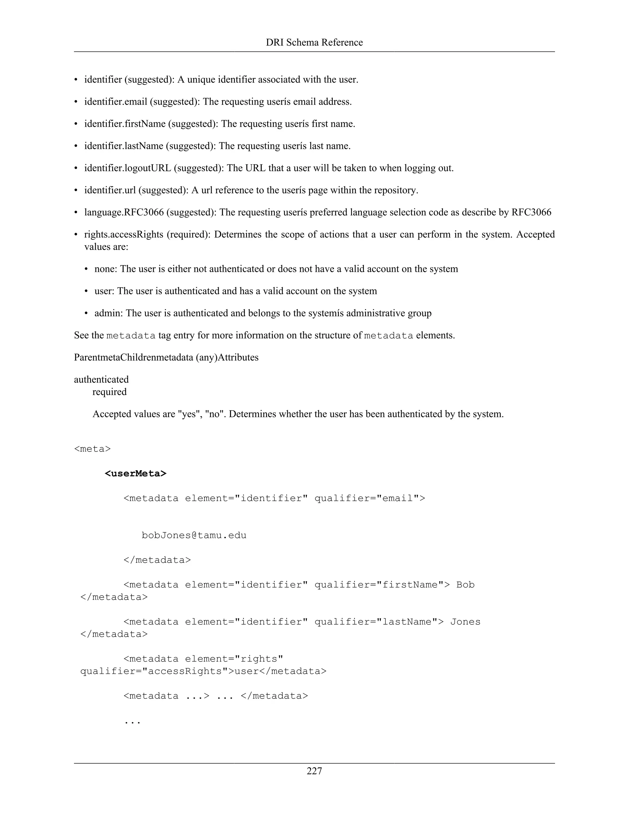 DRI Schema Reference
227
• identifier (suggested): A unique identifier associated with the user.
• identifier.email (suggested): The requesting userís email address.
• identifier.firstName (suggested): The requesting userís first name.
• identifier.lastName (suggested): The requesting userís last name.
• identifier.logoutURL (suggested): The URL that a user will be taken to when logging out.
• identifier.url (suggested): A url reference to the userís page within the repository.
• language.RFC3066 (suggested): The requesting userís preferred language selection code as describe by RFC3066
• rights.accessRights (required): Determines the scope of actions that a user can perform in the system. Accepted
values are:
• none: The user is either not authenticated or does not have a valid account on the system
• user: The user is authenticated and has a valid account on the system
• admin: The user is authenticated and belongs to the systemís administrative group
See the metadata tag entry for more information on the structure of metadata elements.
ParentmetaChildrenmetadata (any)Attributes
authenticated
required
Accepted values are "yes", "no". Determines whether the user has been authenticated by the system.
<meta>
<userMeta>
<metadata element="identifier" qualifier="email">
bobJones@tamu.edu
</metadata>
<metadata element="identifier" qualifier="firstName"> Bob
</metadata>
<metadata element="identifier" qualifier="lastName"> Jones
</metadata>
<metadata element="rights"
qualifier="accessRights">user</metadata>
<metadata ...> ... </metadata>
...
 