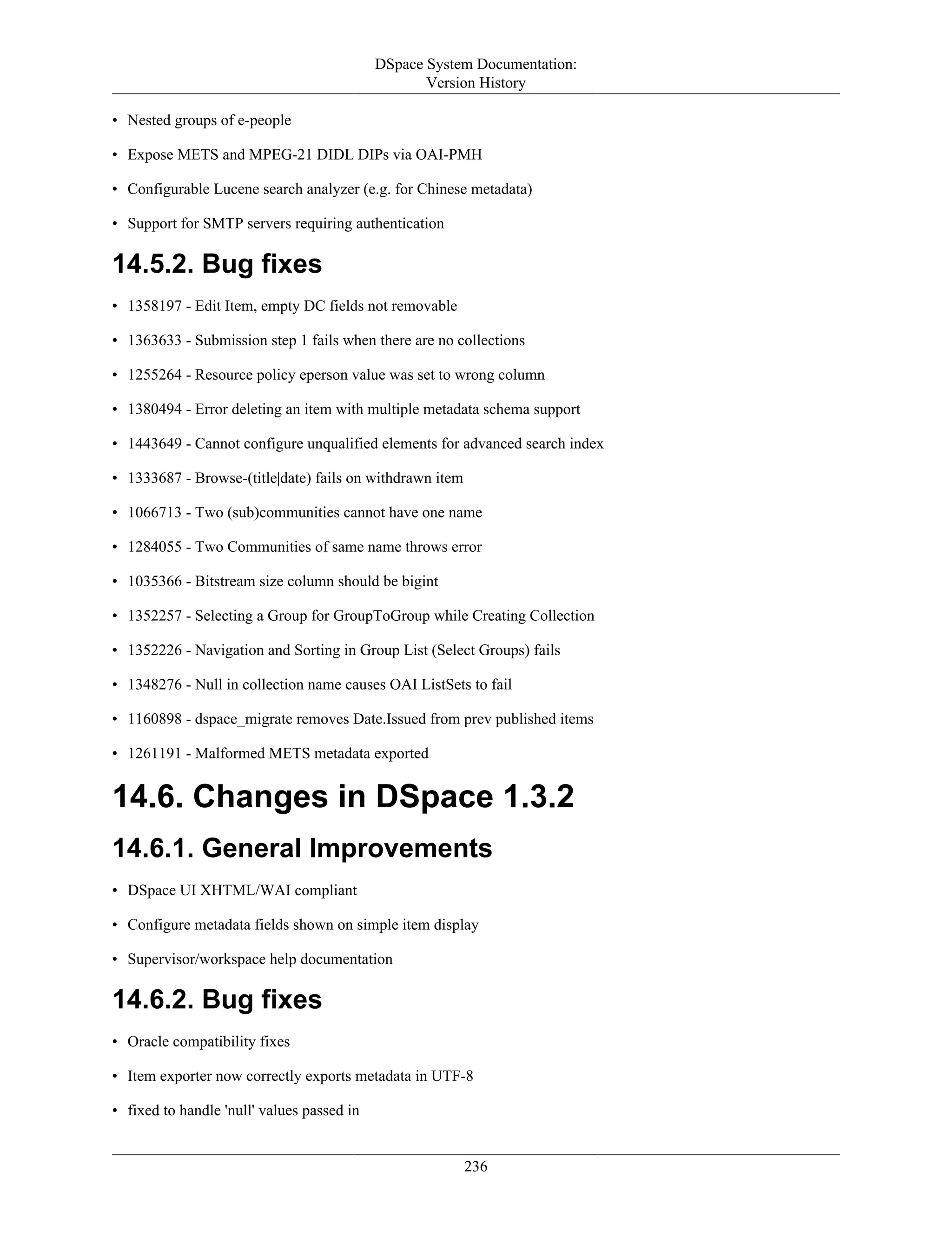 DSpace System Documentation:
Version History
236
• Nested groups of e-people
• Expose METS and MPEG-21 DIDL DIPs via OAI-PMH
• Configurable Lucene search analyzer (e.g. for Chinese metadata)
• Support for SMTP servers requiring authentication
14.5.2. Bug fixes
• 1358197 - Edit Item, empty DC fields not removable
• 1363633 - Submission step 1 fails when there are no collections
• 1255264 - Resource policy eperson value was set to wrong column
• 1380494 - Error deleting an item with multiple metadata schema support
• 1443649 - Cannot configure unqualified elements for advanced search index
• 1333687 - Browse-(title|date) fails on withdrawn item
• 1066713 - Two (sub)communities cannot have one name
• 1284055 - Two Communities of same name throws error
• 1035366 - Bitstream size column should be bigint
• 1352257 - Selecting a Group for GroupToGroup while Creating Collection
• 1352226 - Navigation and Sorting in Group List (Select Groups) fails
• 1348276 - Null in collection name causes OAI ListSets to fail
• 1160898 - dspace_migrate removes Date.Issued from prev published items
• 1261191 - Malformed METS metadata exported
14.6. Changes in DSpace 1.3.2
14.6.1. General Improvements
• DSpace UI XHTML/WAI compliant
• Configure metadata fields shown on simple item display
• Supervisor/workspace help documentation
14.6.2. Bug fixes
• Oracle compatibility fixes
• Item exporter now correctly exports metadata in UTF-8
• fixed to handle 'null' values passed in
 