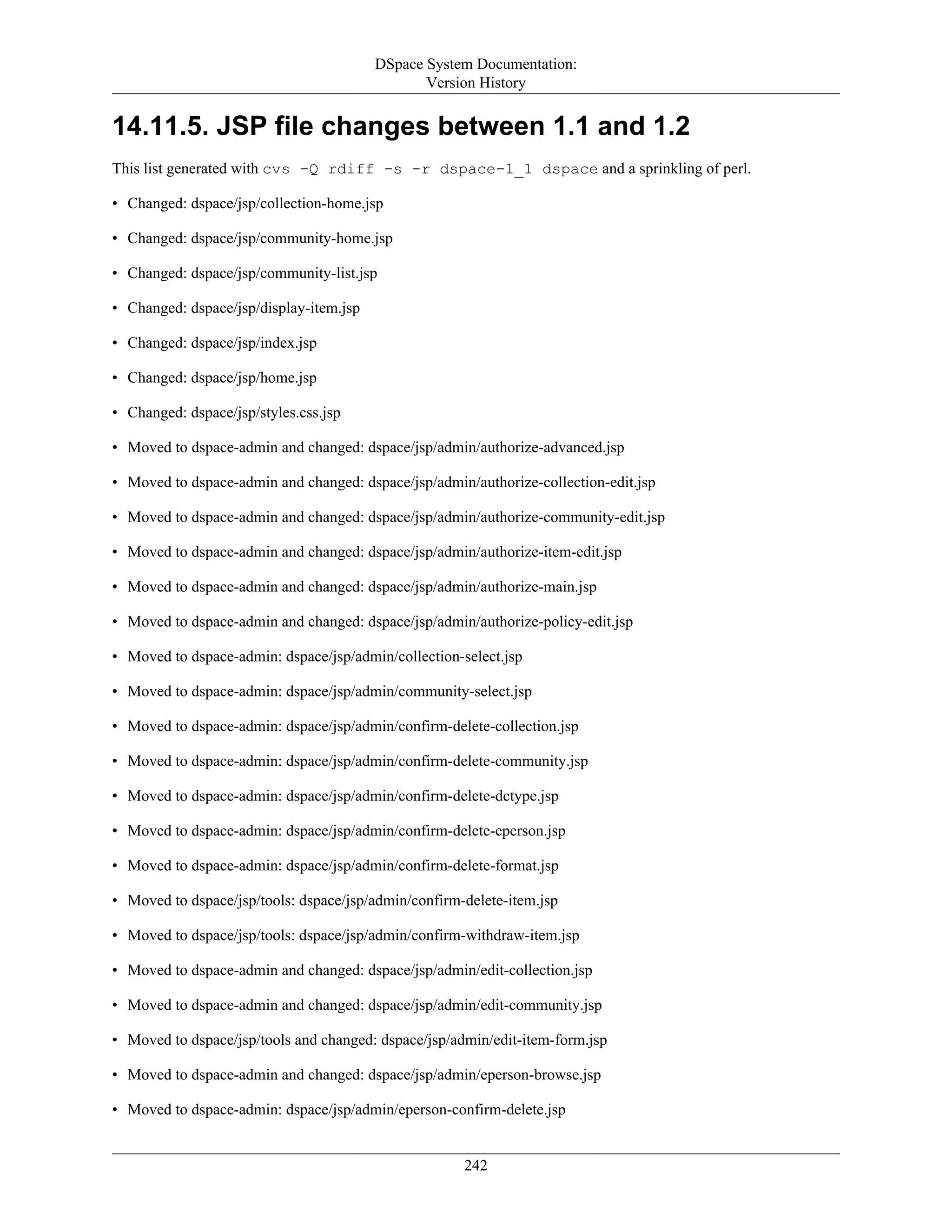 DSpace System Documentation:
Version History
242
14.11.5. JSP file changes between 1.1 and 1.2
This list generated with cvs -Q rdiff -s -r dspace-1_1 dspace and a sprinkling of perl.
• Changed: dspace/jsp/collection-home.jsp
• Changed: dspace/jsp/community-home.jsp
• Changed: dspace/jsp/community-list.jsp
• Changed: dspace/jsp/display-item.jsp
• Changed: dspace/jsp/index.jsp
• Changed: dspace/jsp/home.jsp
• Changed: dspace/jsp/styles.css.jsp
• Moved to dspace-admin and changed: dspace/jsp/admin/authorize-advanced.jsp
• Moved to dspace-admin and changed: dspace/jsp/admin/authorize-collection-edit.jsp
• Moved to dspace-admin and changed: dspace/jsp/admin/authorize-community-edit.jsp
• Moved to dspace-admin and changed: dspace/jsp/admin/authorize-item-edit.jsp
• Moved to dspace-admin and changed: dspace/jsp/admin/authorize-main.jsp
• Moved to dspace-admin and changed: dspace/jsp/admin/authorize-policy-edit.jsp
• Moved to dspace-admin: dspace/jsp/admin/collection-select.jsp
• Moved to dspace-admin: dspace/jsp/admin/community-select.jsp
• Moved to dspace-admin: dspace/jsp/admin/confirm-delete-collection.jsp
• Moved to dspace-admin: dspace/jsp/admin/confirm-delete-community.jsp
• Moved to dspace-admin: dspace/jsp/admin/confirm-delete-dctype.jsp
• Moved to dspace-admin: dspace/jsp/admin/confirm-delete-eperson.jsp
• Moved to dspace-admin: dspace/jsp/admin/confirm-delete-format.jsp
• Moved to dspace/jsp/tools: dspace/jsp/admin/confirm-delete-item.jsp
• Moved to dspace/jsp/tools: dspace/jsp/admin/confirm-withdraw-item.jsp
• Moved to dspace-admin and changed: dspace/jsp/admin/edit-collection.jsp
• Moved to dspace-admin and changed: dspace/jsp/admin/edit-community.jsp
• Moved to dspace/jsp/tools and changed: dspace/jsp/admin/edit-item-form.jsp
• Moved to dspace-admin and changed: dspace/jsp/admin/eperson-browse.jsp
• Moved to dspace-admin: dspace/jsp/admin/eperson-confirm-delete.jsp
 