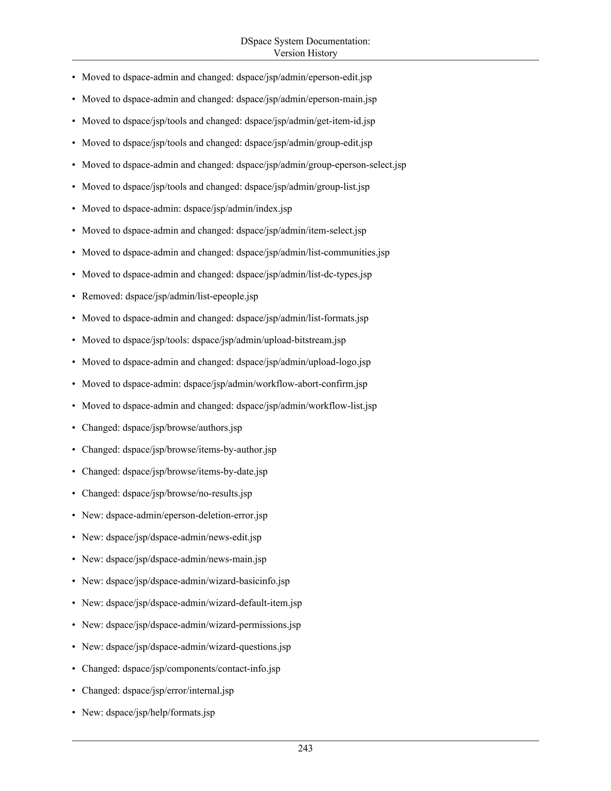 DSpace System Documentation:
Version History
243
• Moved to dspace-admin and changed: dspace/jsp/admin/eperson-edit.jsp
• Moved to dspace-admin and changed: dspace/jsp/admin/eperson-main.jsp
• Moved to dspace/jsp/tools and changed: dspace/jsp/admin/get-item-id.jsp
• Moved to dspace/jsp/tools and changed: dspace/jsp/admin/group-edit.jsp
• Moved to dspace-admin and changed: dspace/jsp/admin/group-eperson-select.jsp
• Moved to dspace/jsp/tools and changed: dspace/jsp/admin/group-list.jsp
• Moved to dspace-admin: dspace/jsp/admin/index.jsp
• Moved to dspace-admin and changed: dspace/jsp/admin/item-select.jsp
• Moved to dspace-admin and changed: dspace/jsp/admin/list-communities.jsp
• Moved to dspace-admin and changed: dspace/jsp/admin/list-dc-types.jsp
• Removed: dspace/jsp/admin/list-epeople.jsp
• Moved to dspace-admin and changed: dspace/jsp/admin/list-formats.jsp
• Moved to dspace/jsp/tools: dspace/jsp/admin/upload-bitstream.jsp
• Moved to dspace-admin and changed: dspace/jsp/admin/upload-logo.jsp
• Moved to dspace-admin: dspace/jsp/admin/workflow-abort-confirm.jsp
• Moved to dspace-admin and changed: dspace/jsp/admin/workflow-list.jsp
• Changed: dspace/jsp/browse/authors.jsp
• Changed: dspace/jsp/browse/items-by-author.jsp
• Changed: dspace/jsp/browse/items-by-date.jsp
• Changed: dspace/jsp/browse/no-results.jsp
• New: dspace-admin/eperson-deletion-error.jsp
• New: dspace/jsp/dspace-admin/news-edit.jsp
• New: dspace/jsp/dspace-admin/news-main.jsp
• New: dspace/jsp/dspace-admin/wizard-basicinfo.jsp
• New: dspace/jsp/dspace-admin/wizard-default-item.jsp
• New: dspace/jsp/dspace-admin/wizard-permissions.jsp
• New: dspace/jsp/dspace-admin/wizard-questions.jsp
• Changed: dspace/jsp/components/contact-info.jsp
• Changed: dspace/jsp/error/internal.jsp
• New: dspace/jsp/help/formats.jsp
 