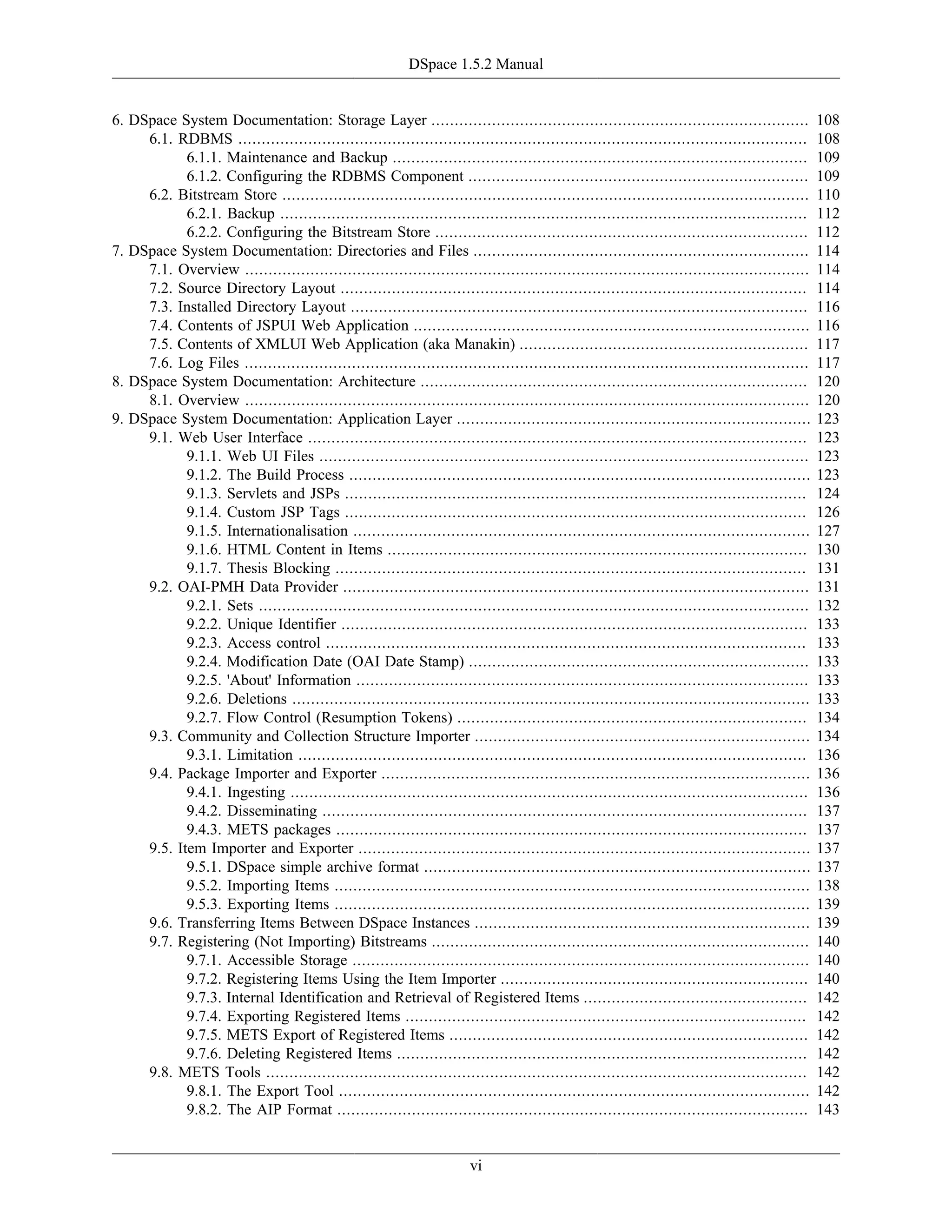 DSpace 1.5.2 Manual
vi
6. DSpace System Documentation: Storage Layer ................................................................................. 108
6.1. RDBMS .......................................................................................................................... 108
6.1.1. Maintenance and Backup ......................................................................................... 109
6.1.2. Configuring the RDBMS Component ......................................................................... 109
6.2. Bitstream Store ................................................................................................................. 110
6.2.1. Backup ................................................................................................................. 112
6.2.2. Configuring the Bitstream Store ................................................................................ 112
7. DSpace System Documentation: Directories and Files ........................................................................ 114
7.1. Overview ......................................................................................................................... 114
7.2. Source Directory Layout .................................................................................................... 114
7.3. Installed Directory Layout .................................................................................................. 116
7.4. Contents of JSPUI Web Application ..................................................................................... 116
7.5. Contents of XMLUI Web Application (aka Manakin) .............................................................. 117
7.6. Log Files ......................................................................................................................... 117
8. DSpace System Documentation: Architecture ................................................................................... 120
8.1. Overview ......................................................................................................................... 120
9. DSpace System Documentation: Application Layer ............................................................................ 123
9.1. Web User Interface ........................................................................................................... 123
9.1.1. Web UI Files ......................................................................................................... 123
9.1.2. The Build Process ................................................................................................... 123
9.1.3. Servlets and JSPs ................................................................................................... 124
9.1.4. Custom JSP Tags ................................................................................................... 126
9.1.5. Internationalisation .................................................................................................. 127
9.1.6. HTML Content in Items .......................................................................................... 130
9.1.7. Thesis Blocking ..................................................................................................... 131
9.2. OAI-PMH Data Provider .................................................................................................... 131
9.2.1. Sets ...................................................................................................................... 132
9.2.2. Unique Identifier .................................................................................................... 133
9.2.3. Access control ....................................................................................................... 133
9.2.4. Modification Date (OAI Date Stamp) ......................................................................... 133
9.2.5. 'About' Information ................................................................................................. 133
9.2.6. Deletions ............................................................................................................... 133
9.2.7. Flow Control (Resumption Tokens) ........................................................................... 134
9.3. Community and Collection Structure Importer ........................................................................ 134
9.3.1. Limitation ............................................................................................................. 136
9.4. Package Importer and Exporter ............................................................................................ 136
9.4.1. Ingesting ............................................................................................................... 136
9.4.2. Disseminating ........................................................................................................ 137
9.4.3. METS packages ..................................................................................................... 137
9.5. Item Importer and Exporter ................................................................................................. 137
9.5.1. DSpace simple archive format ................................................................................... 137
9.5.2. Importing Items ...................................................................................................... 138
9.5.3. Exporting Items ...................................................................................................... 139
9.6. Transferring Items Between DSpace Instances ........................................................................ 139
9.7. Registering (Not Importing) Bitstreams ................................................................................. 140
9.7.1. Accessible Storage .................................................................................................. 140
9.7.2. Registering Items Using the Item Importer .................................................................. 140
9.7.3. Internal Identification and Retrieval of Registered Items ................................................ 142
9.7.4. Exporting Registered Items ...................................................................................... 142
9.7.5. METS Export of Registered Items ............................................................................. 142
9.7.6. Deleting Registered Items ........................................................................................ 142
9.8. METS Tools .................................................................................................................... 142
9.8.1. The Export Tool ..................................................................................................... 142
9.8.2. The AIP Format ..................................................................................................... 143
 