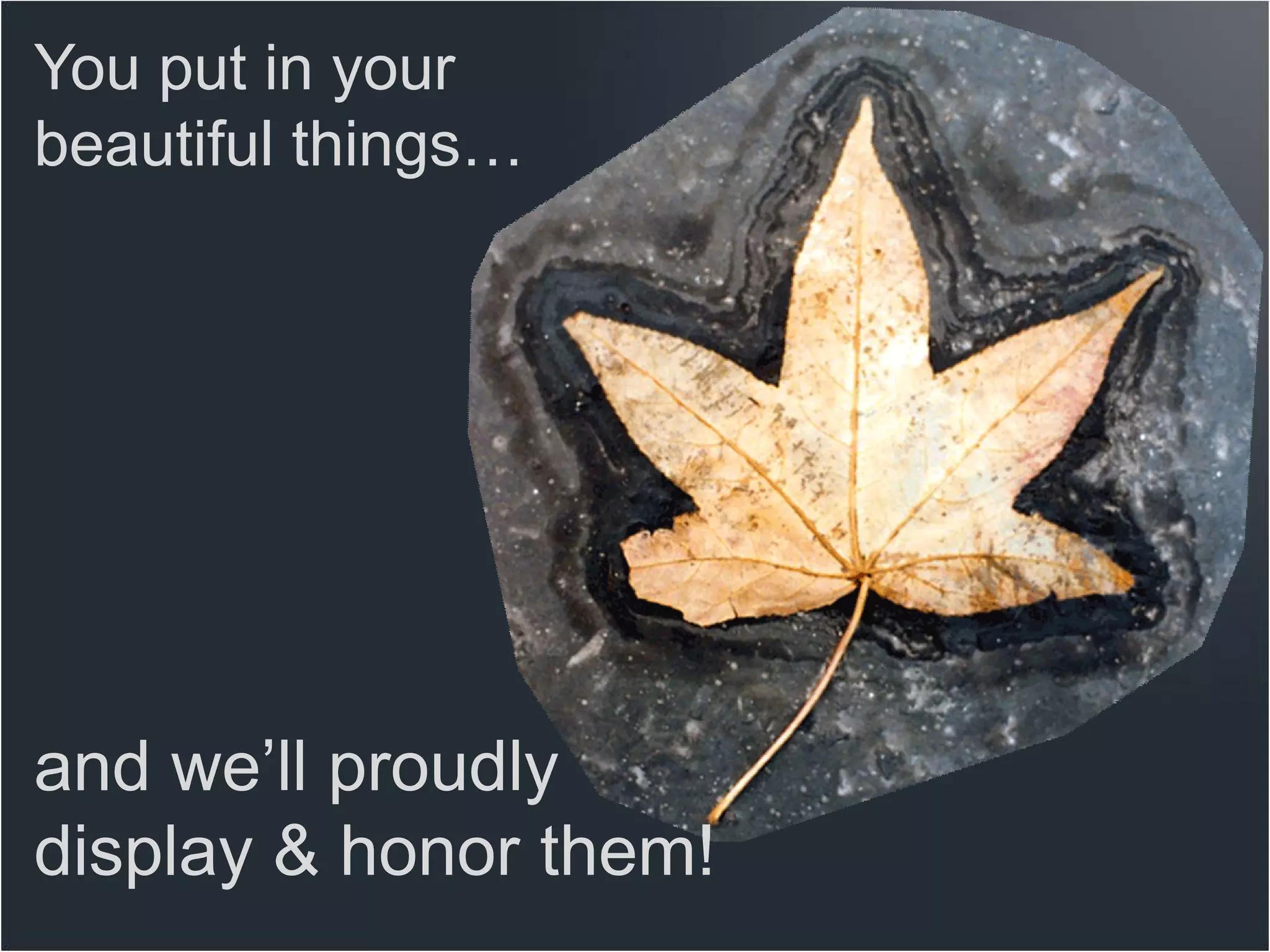 You put in your
beautiful things…




and we’ll proudly
display & honor them!
 