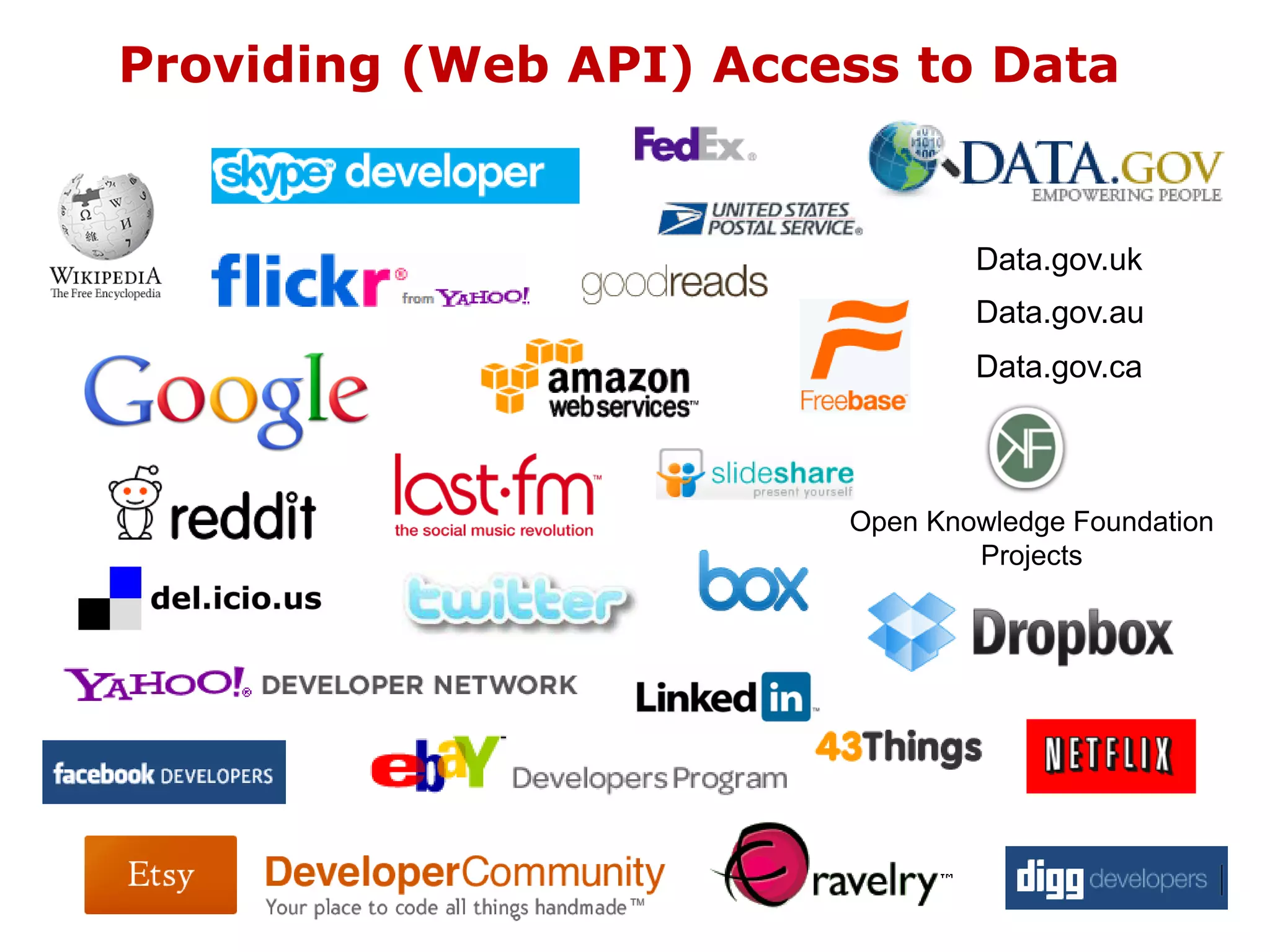 Providing (Web API) Access to Data


                                Data.gov.uk
                                Data.gov.au
                                Data.gov.ca



                        Open Knowledge Foundation
                                Projects
 