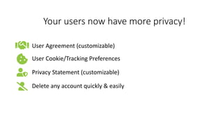 Your users now have more privacy!
User Agreement (customizable)
User Cookie/Tracking Preferences
Privacy Statement (customizable)
Delete any account quickly & easily
 