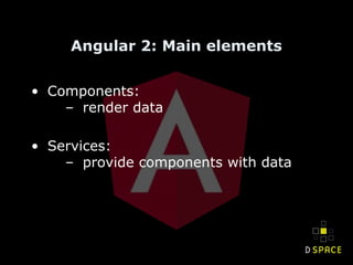 Angular 2: Main elements
• Components:
– render data
• Services:
– provide components with data
 