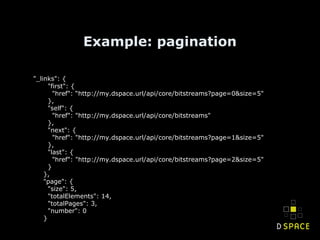 Example: pagination
"_links": {
"first": {
"href": “http://my.dspace.url/api/core/bitstreams?page=0&size=5"
},
"self": {
"href": "http://my.dspace.url/api/core/bitstreams"
},
"next": {
"href": "http://my.dspace.url/api/core/bitstreams?page=1&size=5"
},
"last": {
"href": "http://my.dspace.url/api/core/bitstreams?page=2&size=5"
}
},
"page": {
"size": 5,
"totalElements": 14,
"totalPages": 3,
"number": 0
}
 