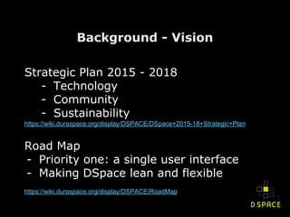 Background - Vision
Strategic Plan 2015 - 2018
- Technology
- Community
- Sustainability
https://wiki.duraspace.org/display/DSPACE/DSpace+2015-18+Strategic+Plan
Road Map
- Priority one: a single user interface
- Making DSpace lean and flexible
https://wiki.duraspace.org/display/DSPACE/RoadMap
 