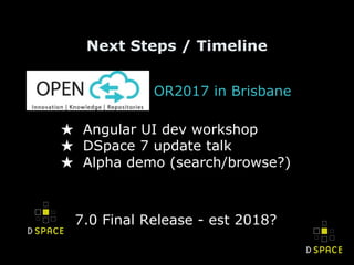 Next Steps / Timeline
OR2017 in Brisbane
★ Angular UI dev workshop
★ DSpace 7 update talk
★ Alpha demo (search/browse?)
7.0 Final Release - est 2018?
 