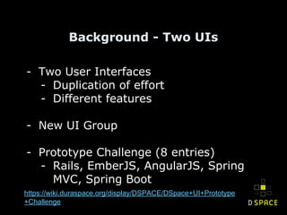 Background - Two UIs
- Two User Interfaces
- Duplication of effort
- Different features
- New UI Group
- Prototype Challenge (8 entries)
- Rails, EmberJS, AngularJS, Spring
MVC, Spring Boot
https://wiki.duraspace.org/display/DSPACE/DSpace+UI+Prototype
+Challenge
 