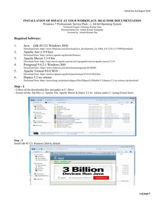 Dated the 3rd August 2018
INSTALLATION OF DSPACE AT YOUR WORKPLACE: REALTIME DOCUMENTATION
Windows 7 Professional, Service Pack - 1, 64-bit Operating System
Technical Expert: Chinmay Kumar Jena
Documentation by: Ashok Kumar Satapathy
Assisted by: Aseem Kumar Das
Required Software:
1. Java (Jdk 8U121 Windows X64)
Download from: https://www.filepuma.com/download/java_development_kit_64bit_8.0.1210.13-13999/download/
2. Apache Ant (1.9.9 bin)
Download from: https://archive.apache.org/dist/ant/binaries/
3. Apache Maven 3.3.9 bin
Download from: https://repo.maven.apache.org/maven2/org/apache/maven/apache-maven/3.3.9/
4. Postgresql 9.4.2-1 Windows X64
Download from: https://www.filehorse.com/download-postgresql-64/20688/
5. Apache Tomcat 9.0.0 M18
Download from: https://archive.apache.org/dist/tomcat/tomcat-9/v9.0.0.M18/bin/
6. Dspace 5.2 src release
Download from: https://sourceforge.net/projects/dspace/files/DSpace%20Stable/5.2/dspace-5.2-src-release.zip/download
Step - 1
- Collect all the downloaded files and gather at C: Drive
- Extract all the .Zip files i.e. Apache Ant, Apache Maven & Dspce 5.2 src release under C: (using Extract here)
Step - 2
Install Jdk 8U121 Windows X64 by default.
1 of page 7
 
