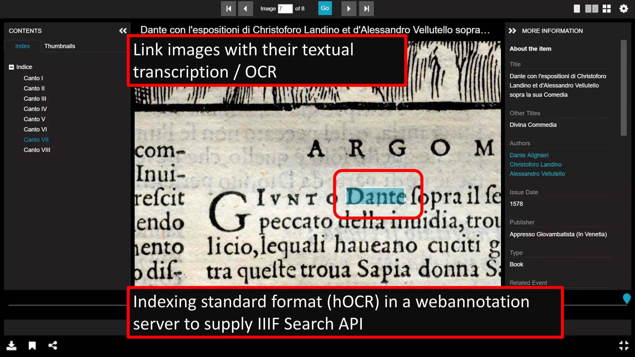 Link images with their textual
transcription / OCR
Indexing standard format (hOCR) in a webannotation
server to supply IIIF Search API
 
