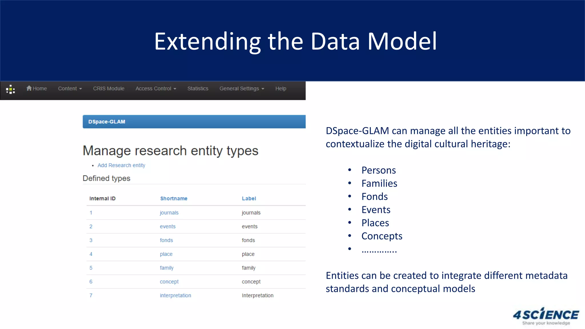 Extending the Data Model
DSpace-GLAM can manage all the entities important to
contextualize the digital cultural heritage:
• Persons
• Families
• Fonds
• Events
• Places
• Concepts
• …………..
Entities can be created to integrate different metadata
standards and conceptual models
 